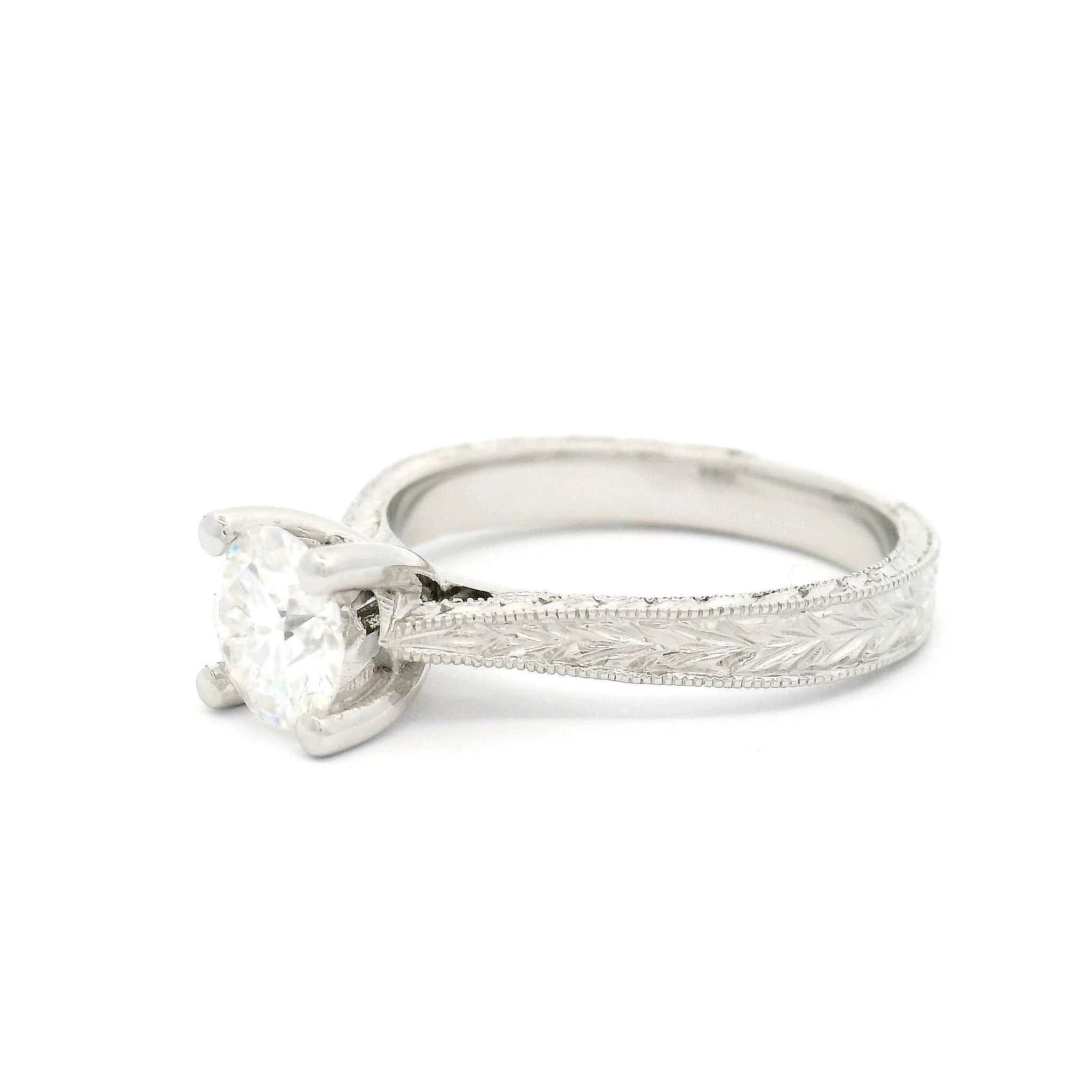 14k White Hand Engraved Solitaire with 6mm Round Moissanite - Image 2
