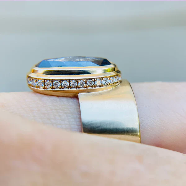 Amherst Band Ring - 14k Yellow Gold Ring with 3.18ct Oval Rose Cut Diamond and Accent Diamonds - Image 2