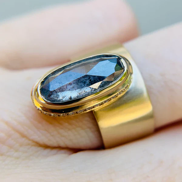 Amherst Band Ring - 14k Yellow Gold Ring with 3.18ct Oval Rose Cut Diamond and Accent Diamonds - Image 3
