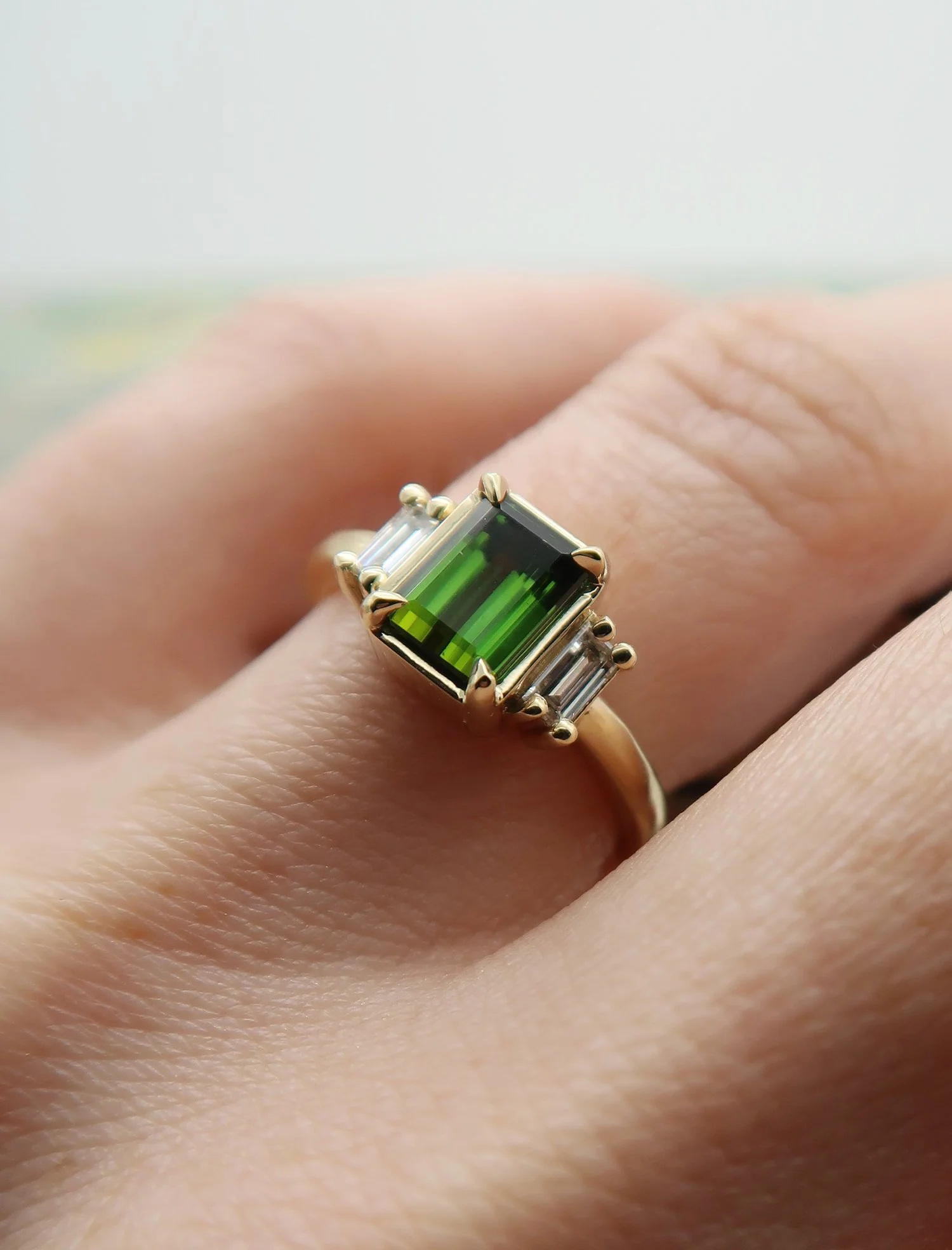 10 Yellow Green Tourmaline Ring with Baguette Diamond Accents - Image 3