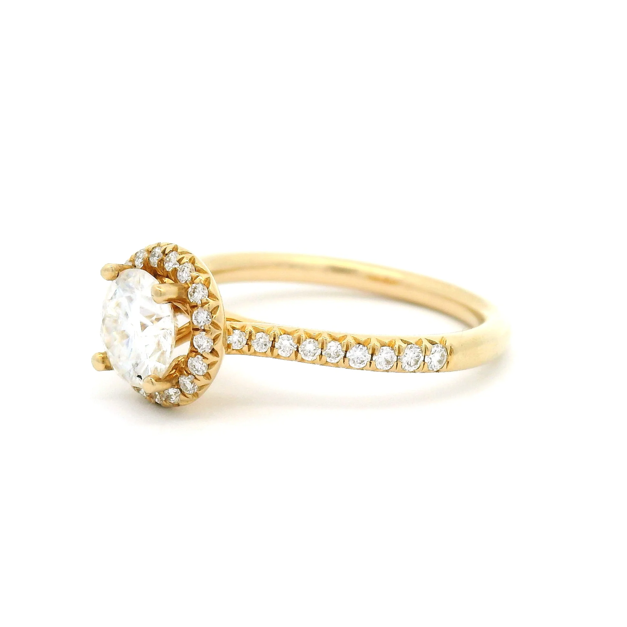 14k Yellow 6mm Round Moissanite Ring with Diamond Accent Halo and Band - Image 2