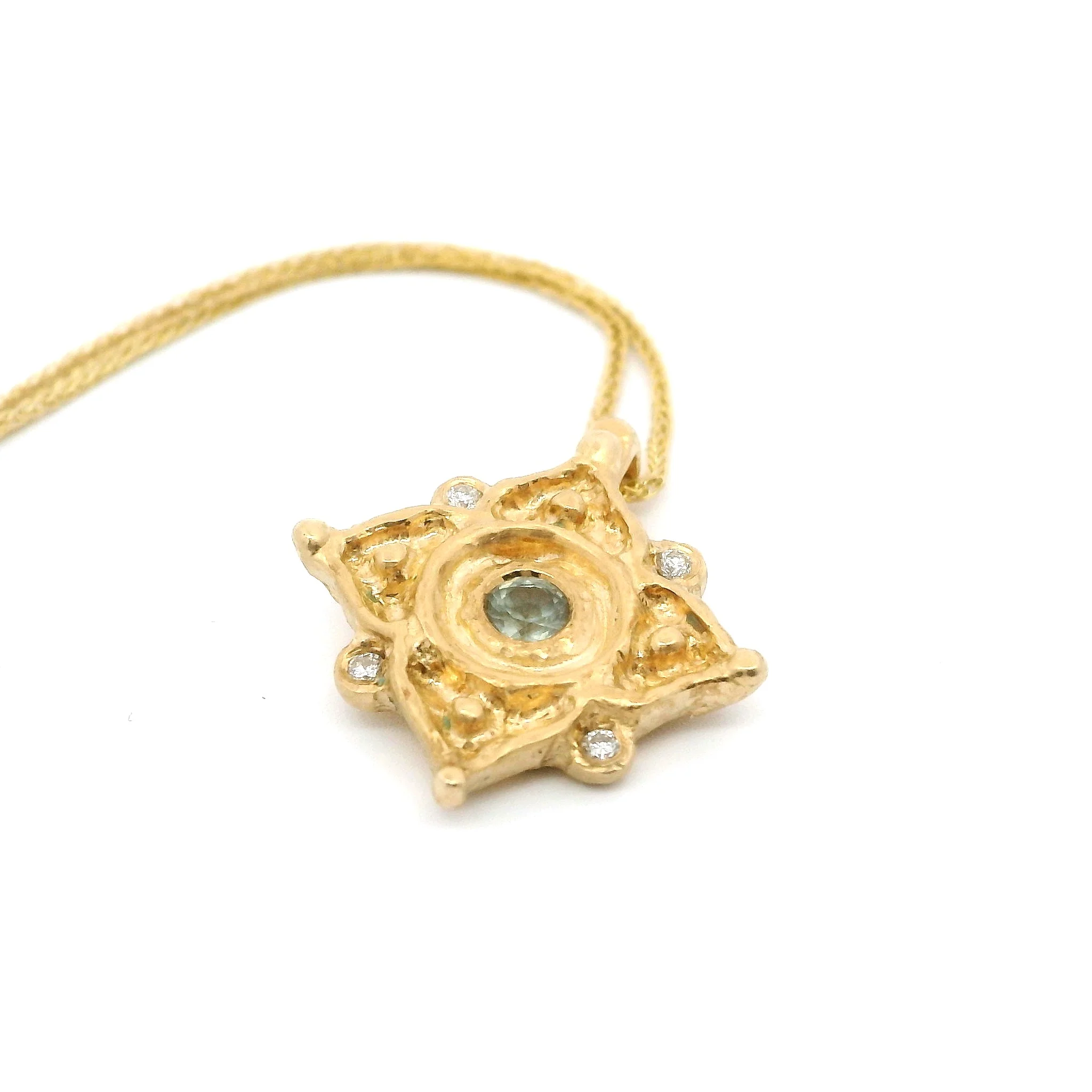 14k Yellow Sculpted Organic Pendant with Teal Blue Sapphire and Diamond Accents - Image 2