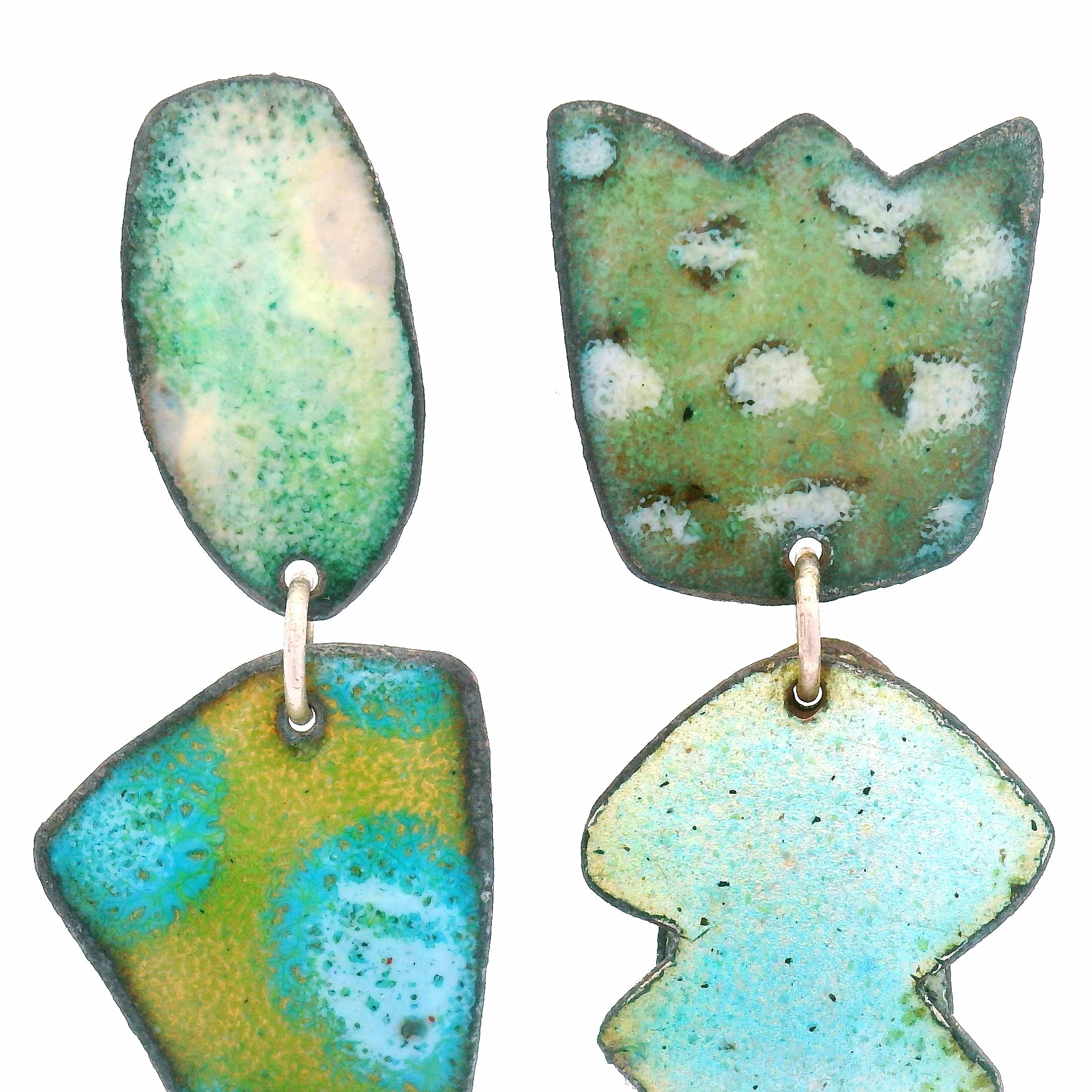 Asymmetrical Teal & Green Enamel Earrings - Image 3