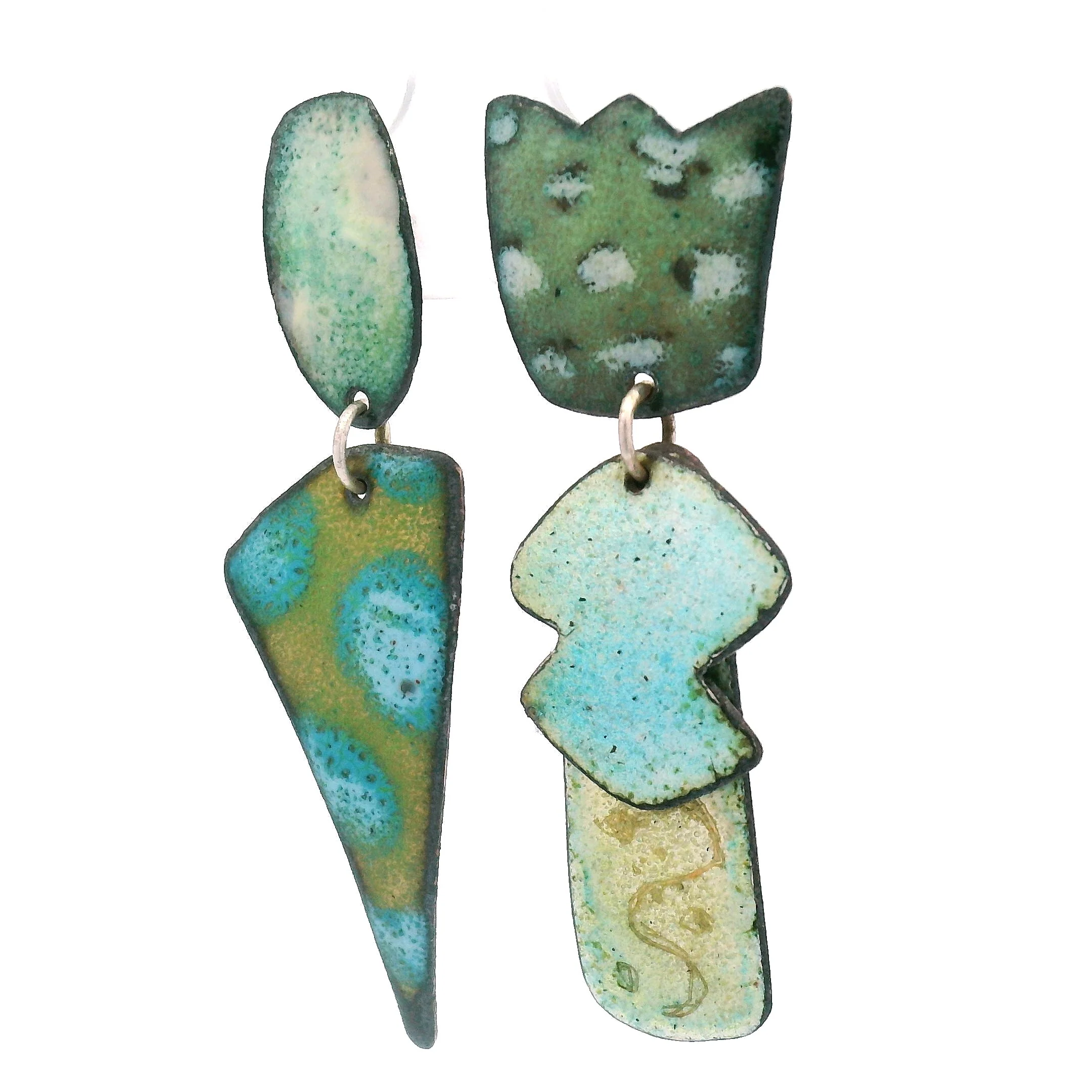Asymmetrical Teal & Green Enamel Earrings - Image 4