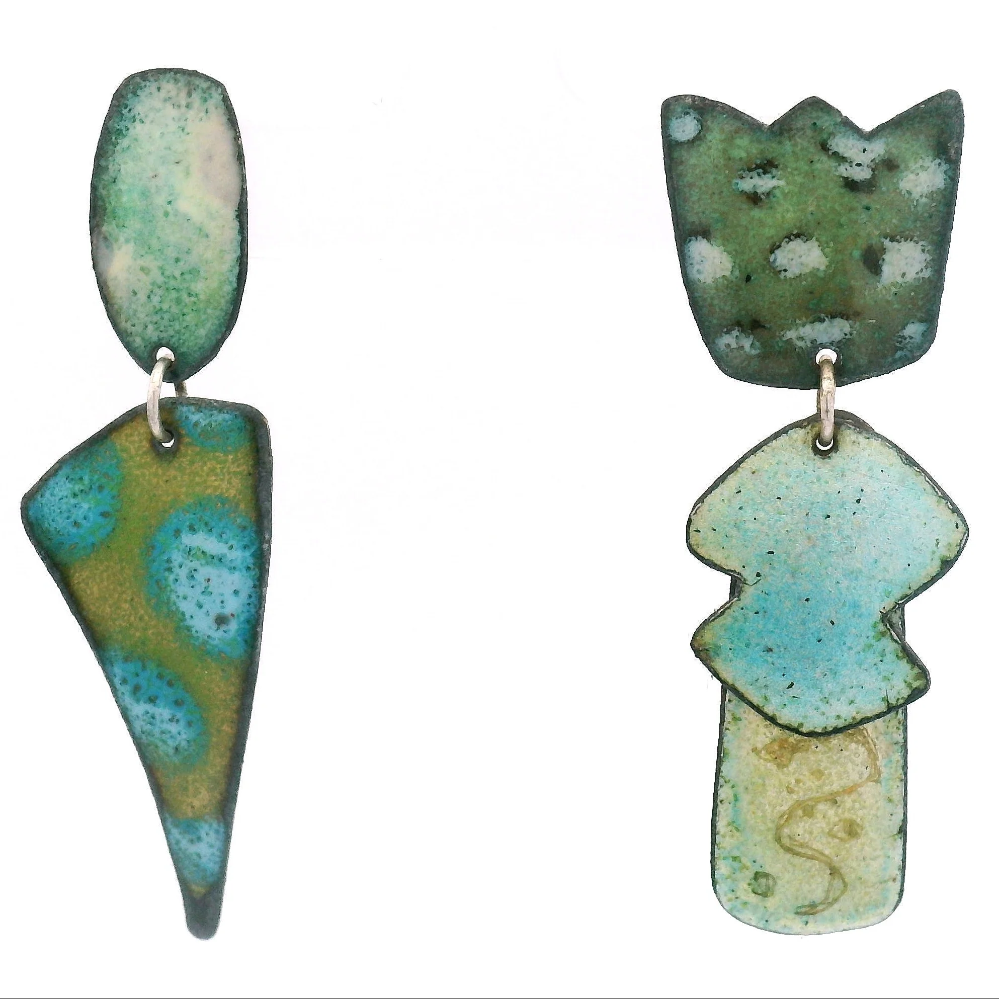 Asymmetrical Teal & Green Enamel Earrings - Image 6