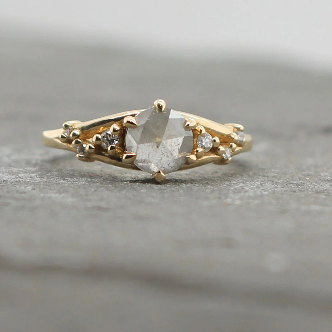 14k Yellow Engagement Ring with 1.08ct Rose-Cut Salt and Pepper Diamond and Accent Diamonds - Image 4