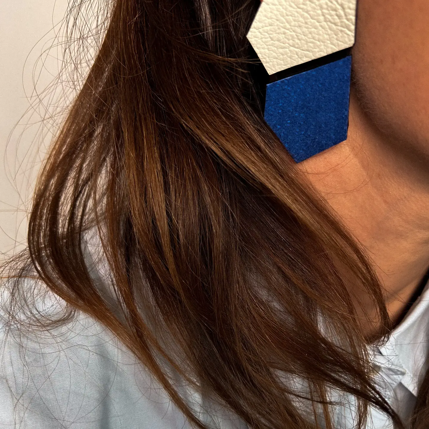 Angled Leather Drop Earrings Blue and White - Image 3