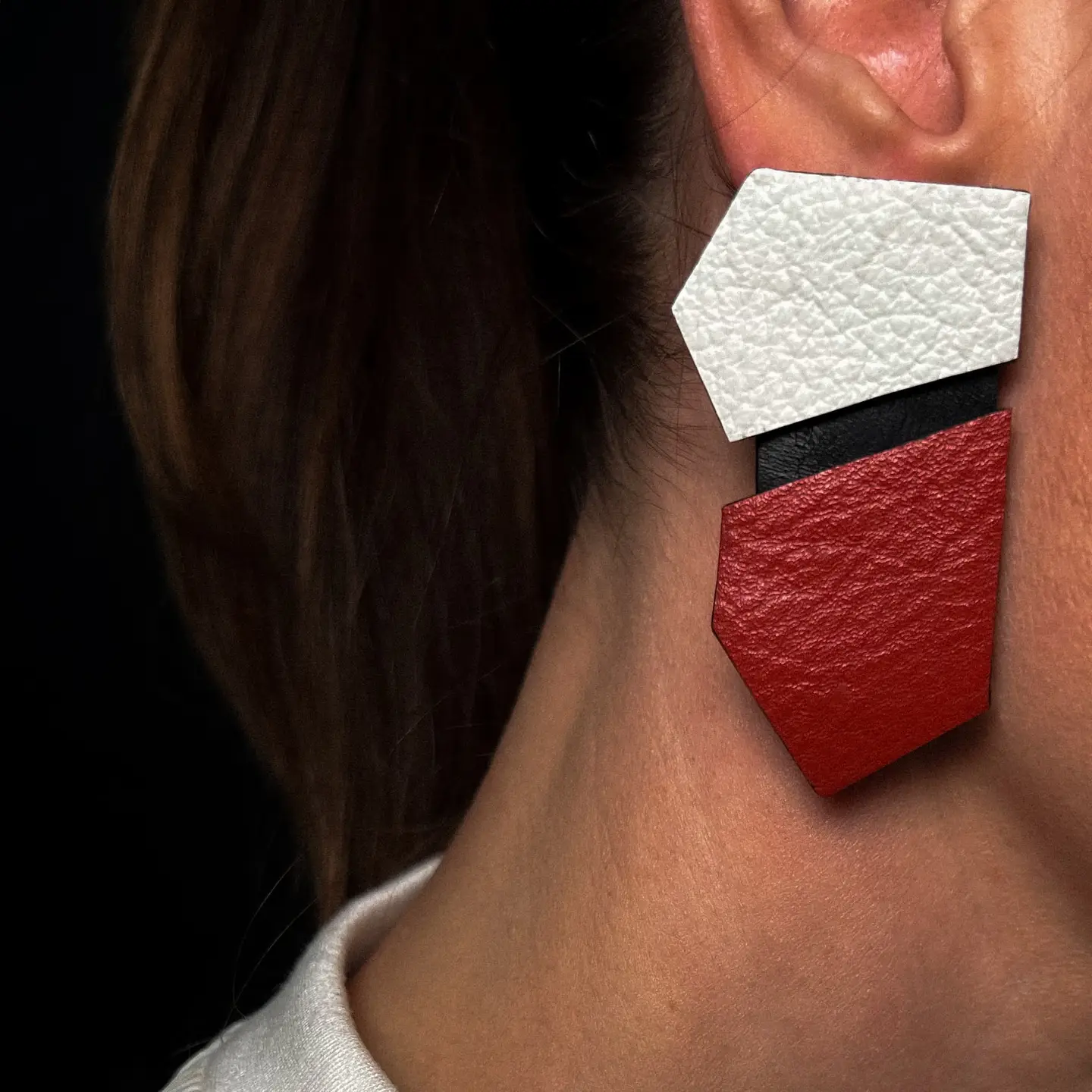 Angled Leather Drop Earrings Red and White - Image 3