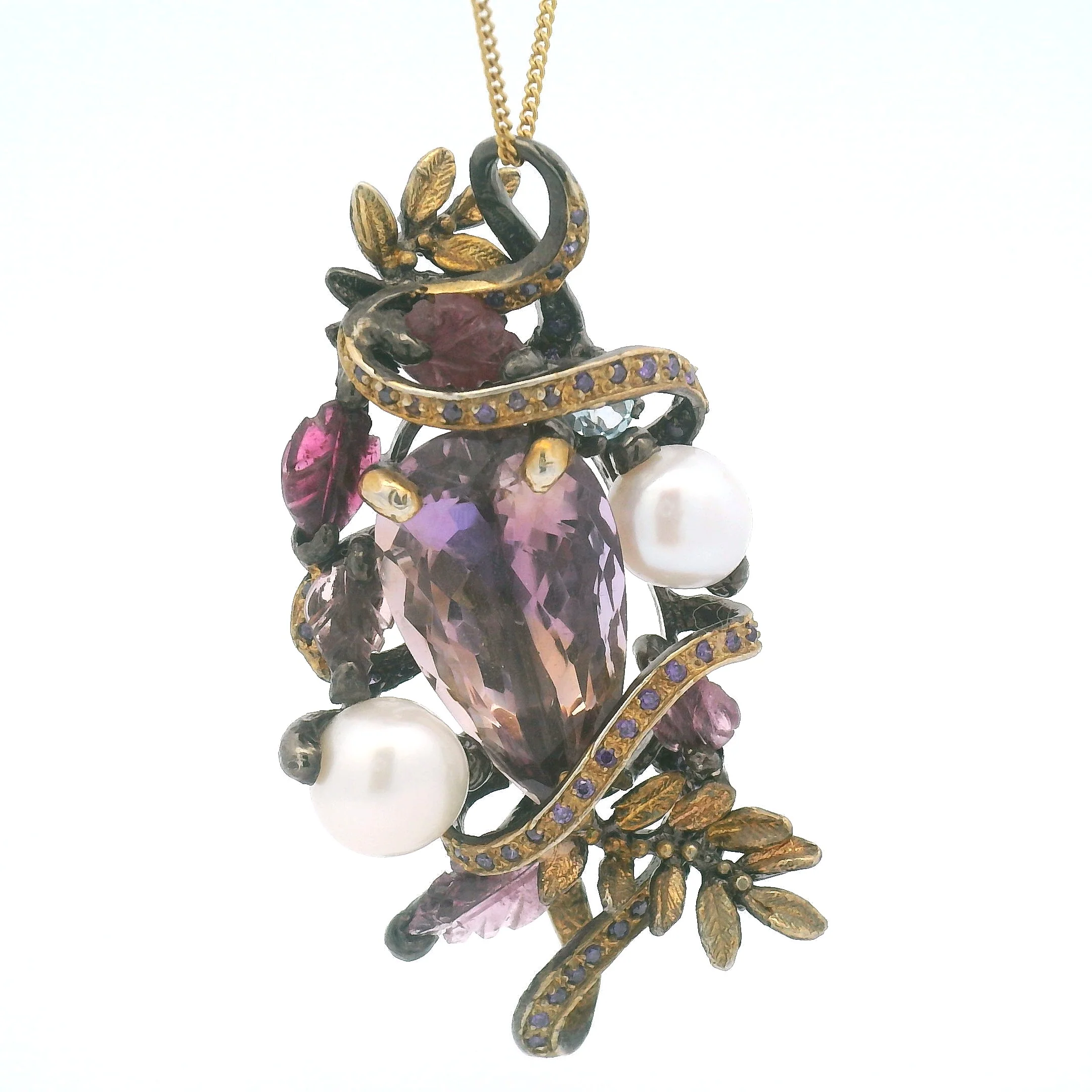 Antique Style Ametrine Pearl Pendant with Blue Topaz Cubic Zirconia Foliage - Image 2
