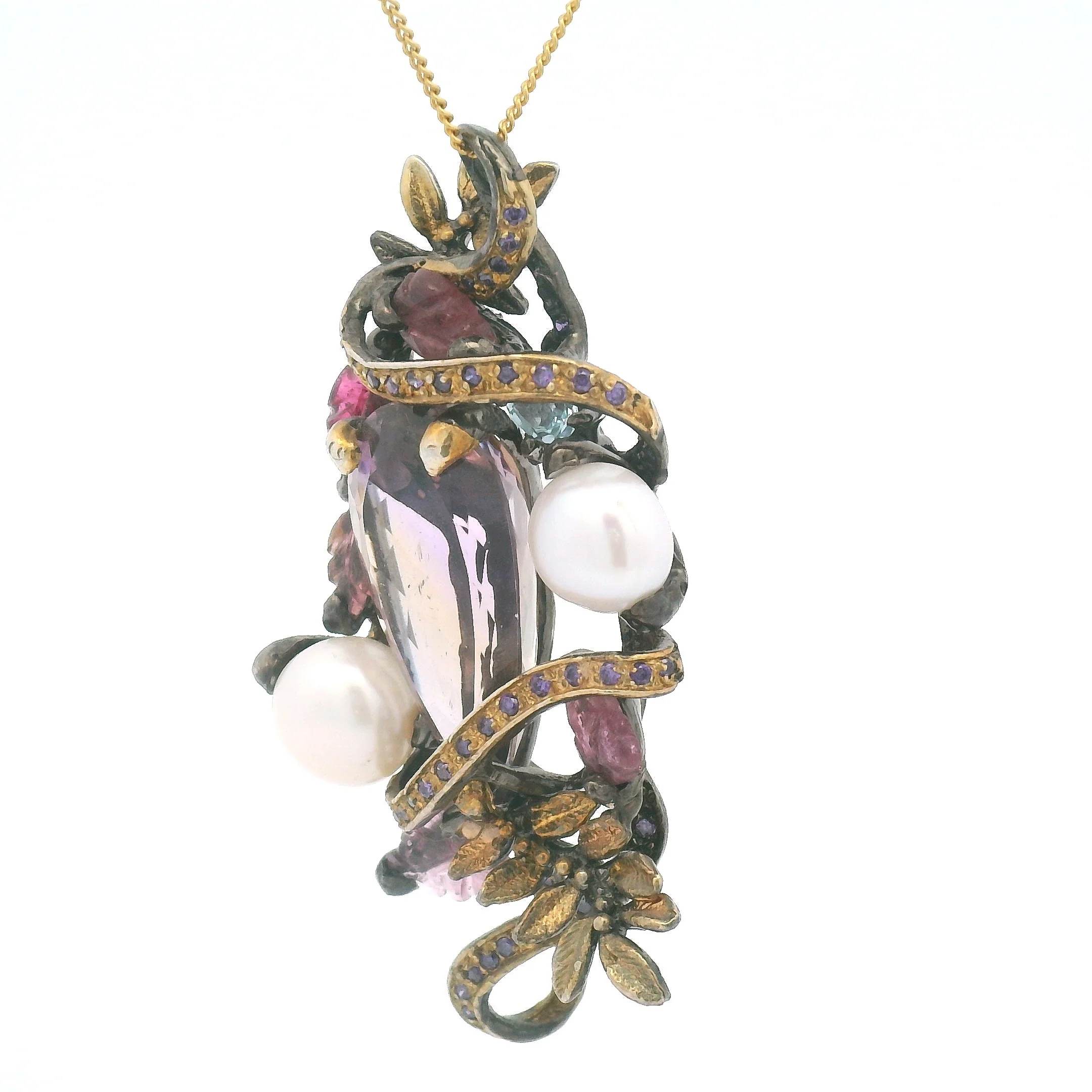 Antique Style Ametrine Pearl Pendant with Blue Topaz Cubic Zirconia Foliage - Image 3