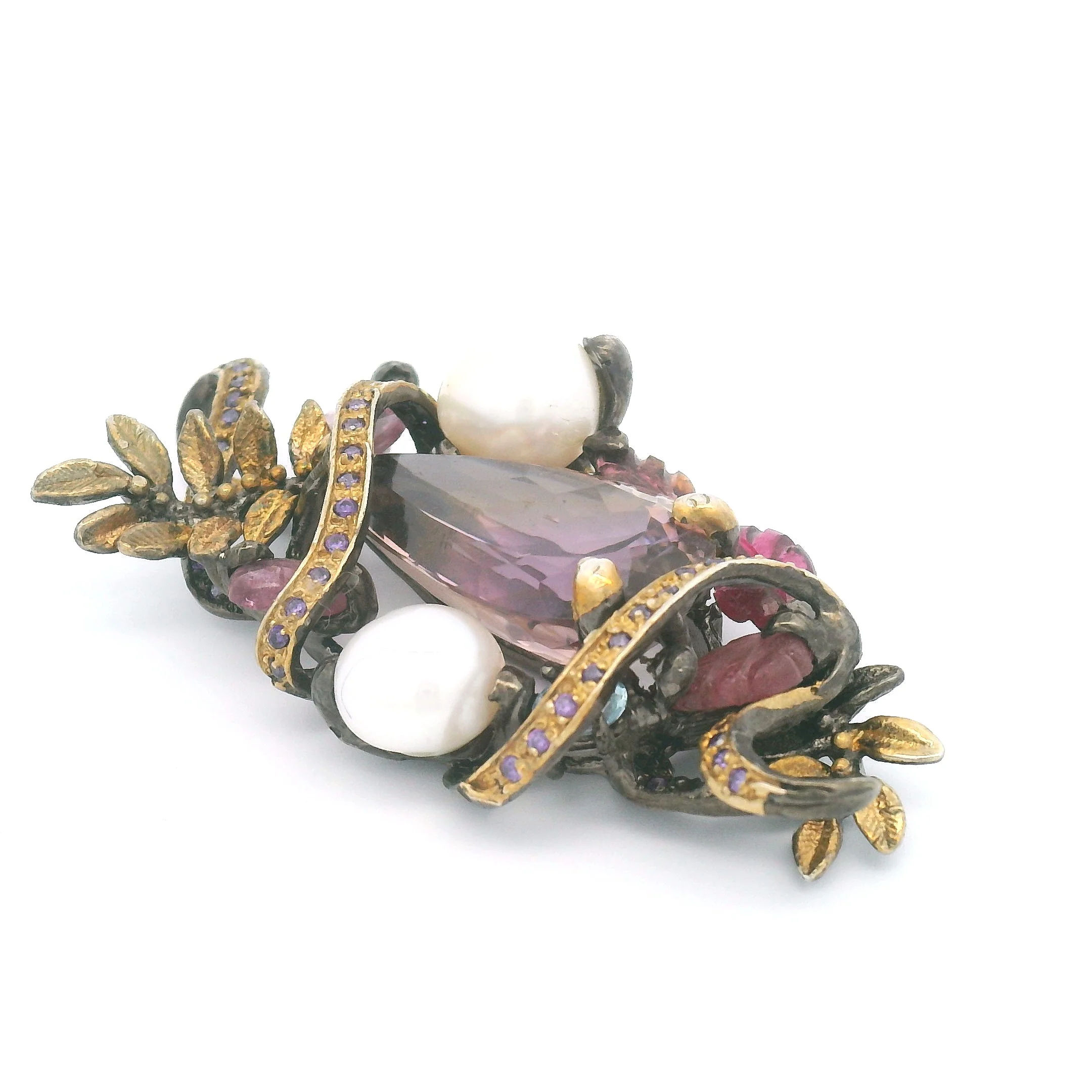 Antique Style Ametrine Pearl Pendant with Blue Topaz Cubic Zirconia Foliage - Image 4