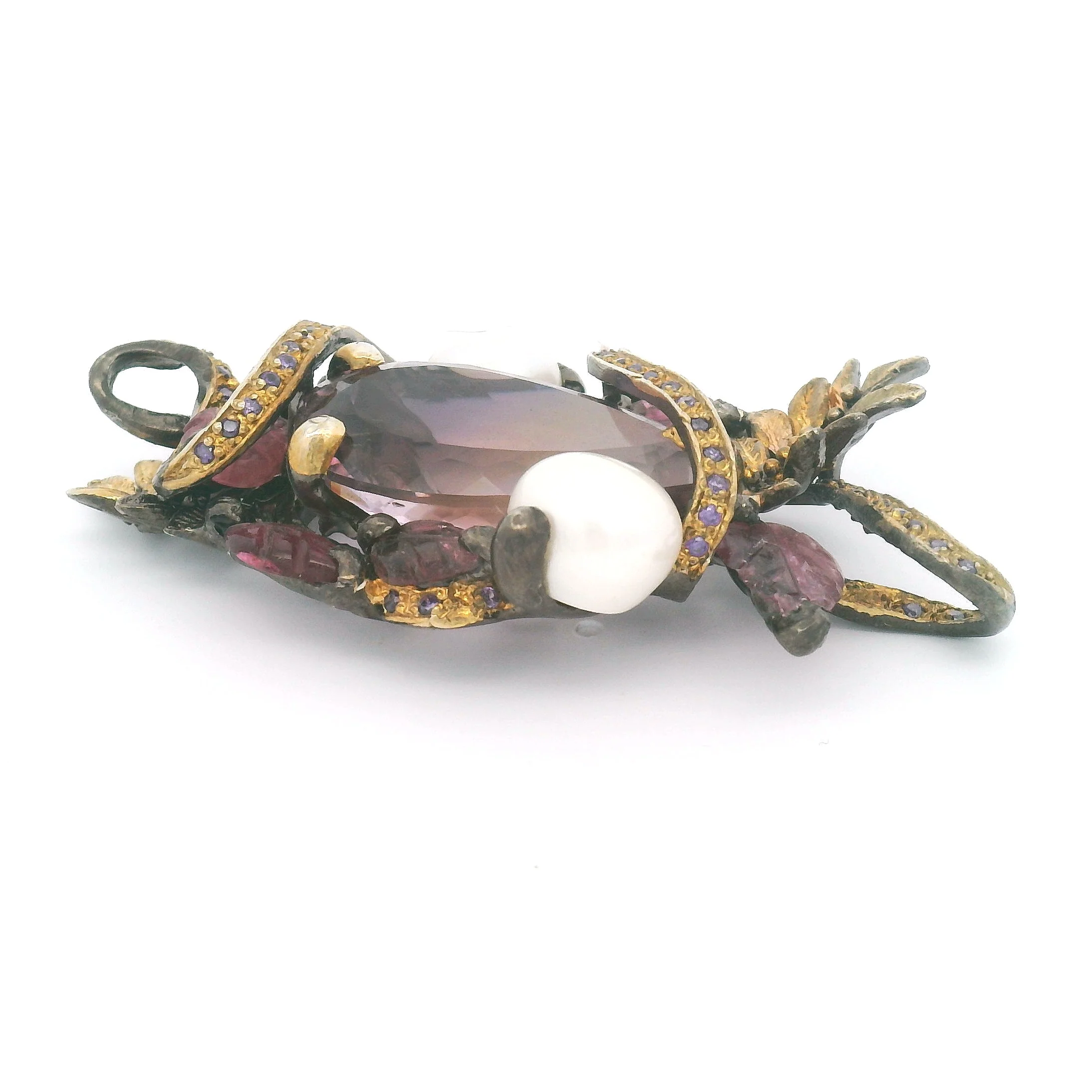 Antique Style Ametrine Pearl Pendant with Blue Topaz Cubic Zirconia Foliage - Image 6