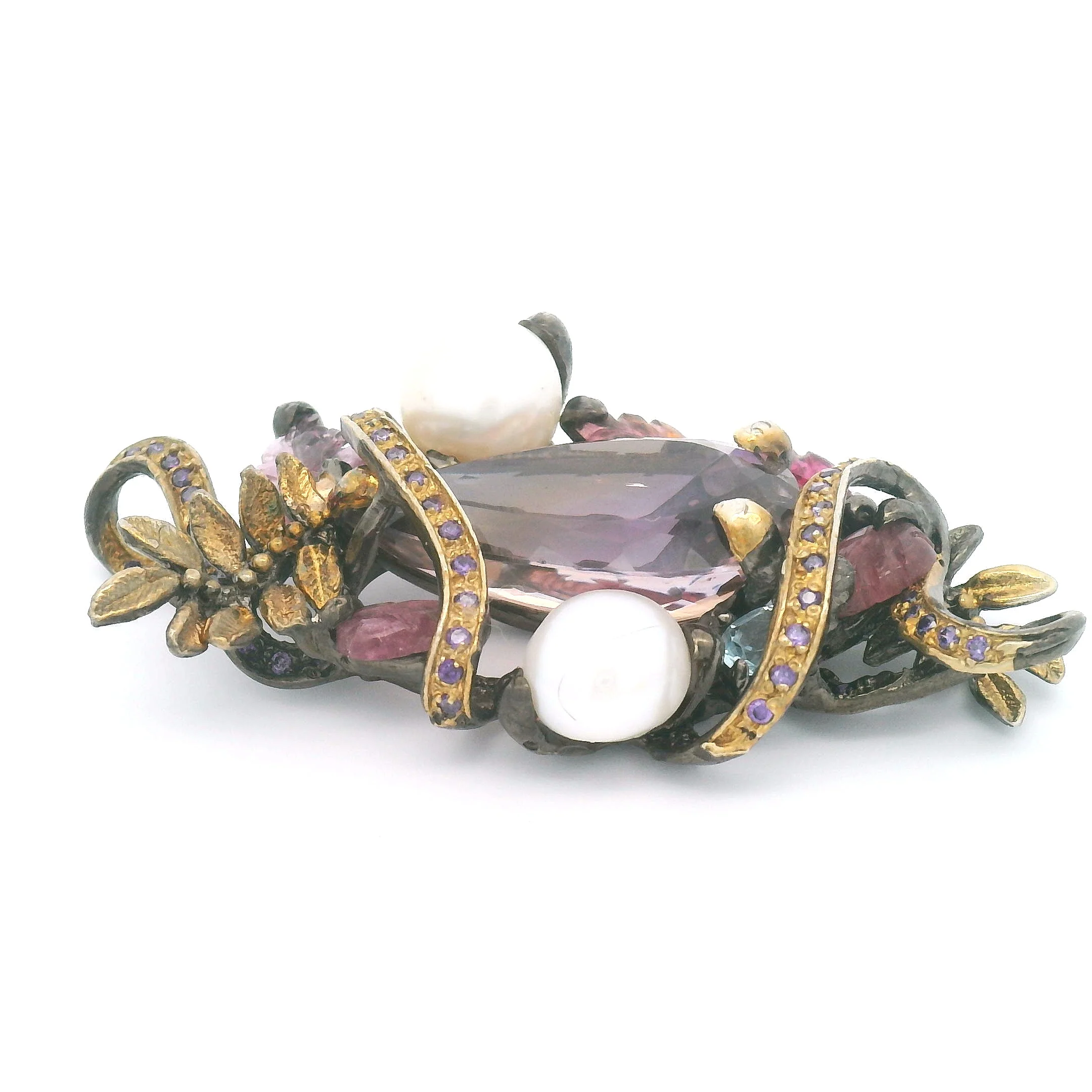 Antique Style Ametrine Pearl Pendant with Blue Topaz Cubic Zirconia Foliage - Image 7
