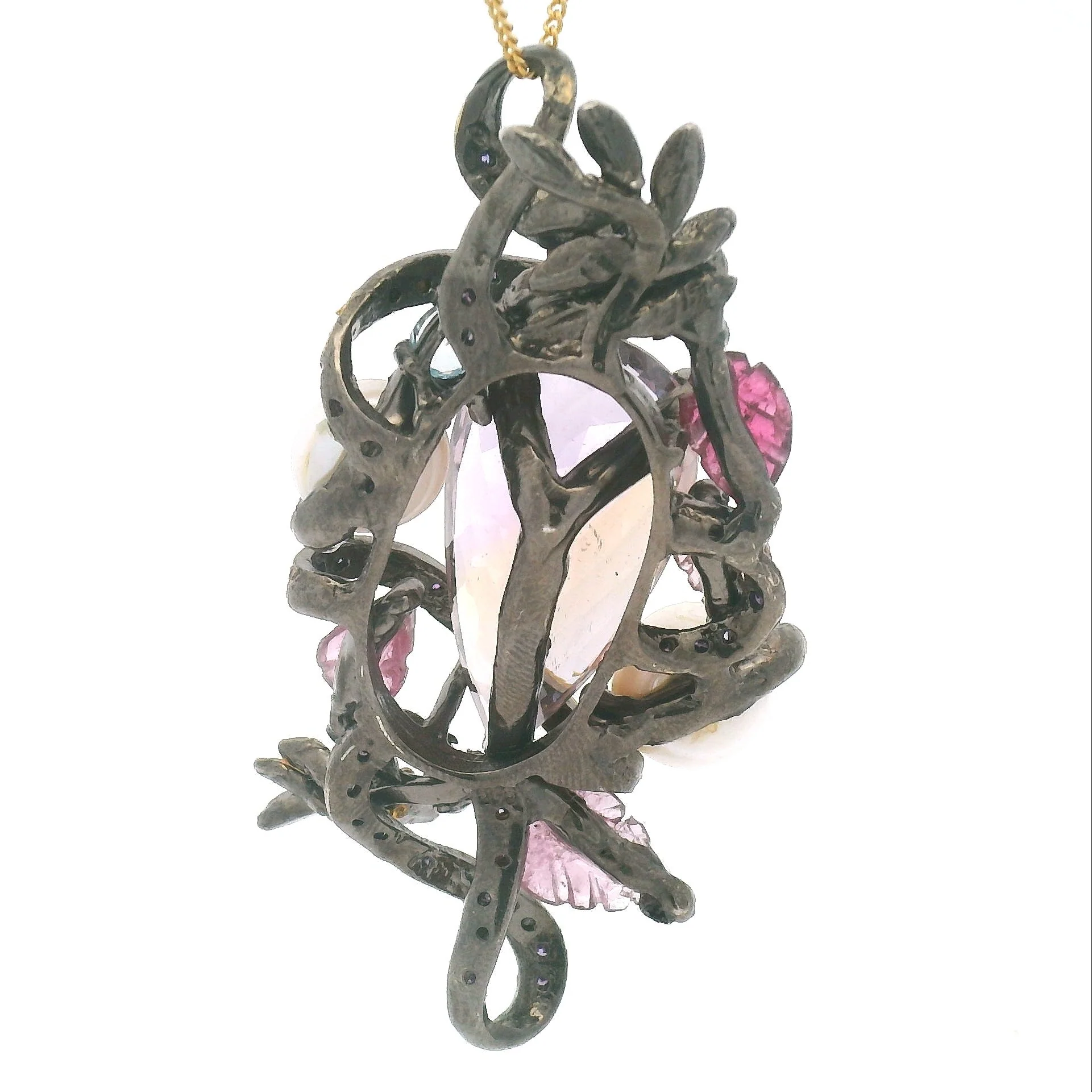 Antique Style Ametrine Pearl Pendant with Blue Topaz Cubic Zirconia Foliage - Image 8