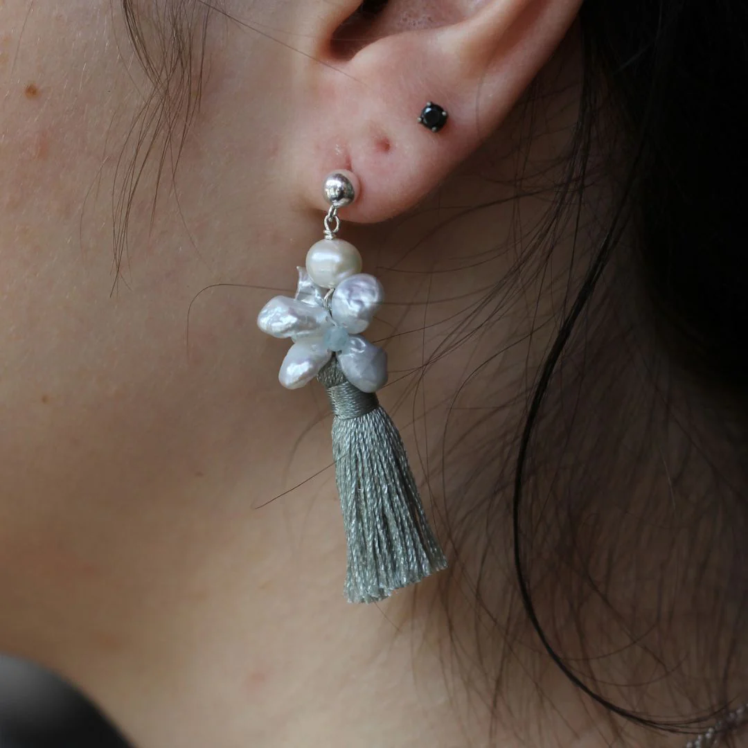 Aquamarine and Pearl Tassle Earrings - Image 3