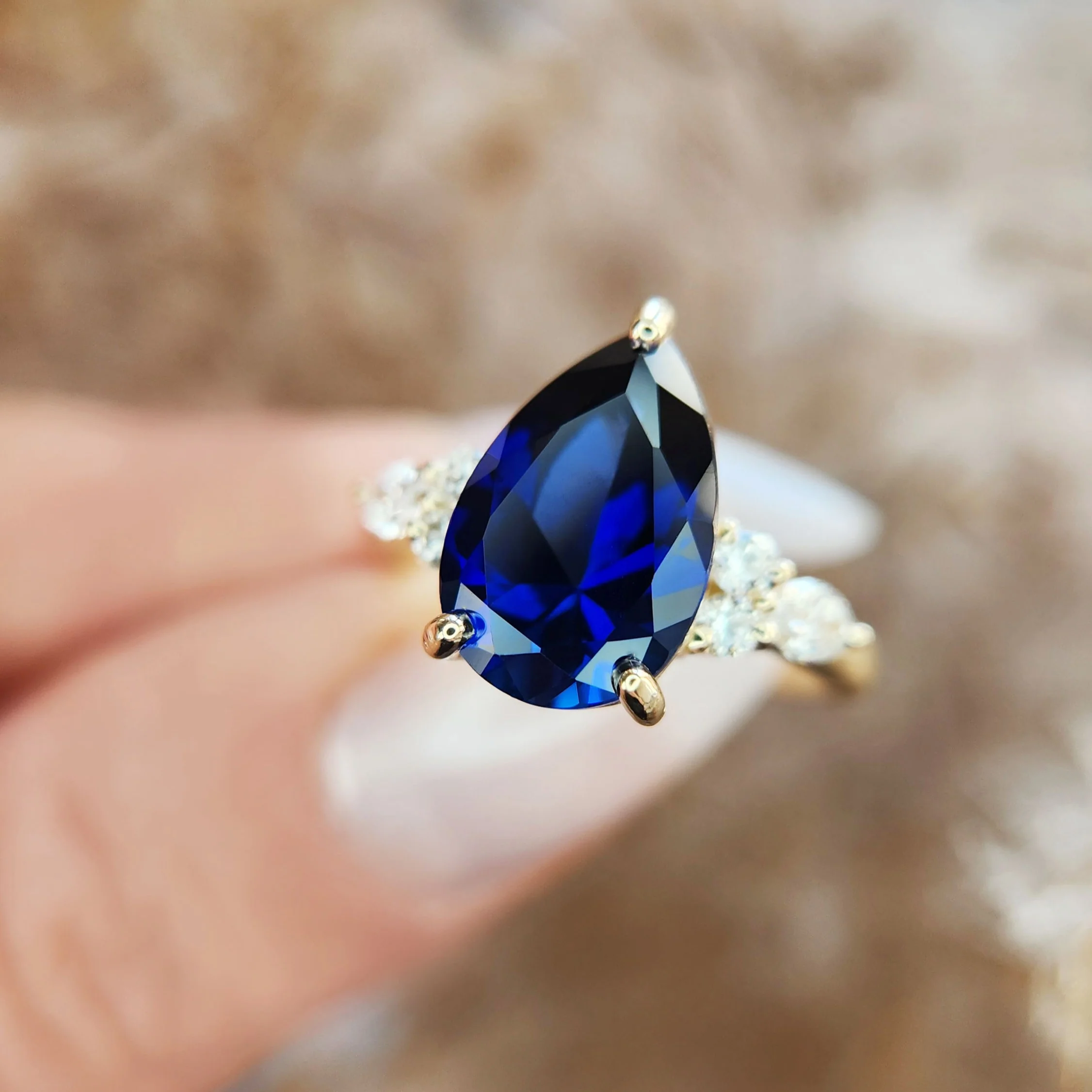 10k Yellow Engagement Ring with 3.70ct Lab-Grown Blue Sapphire and Accent Lab Diamonds - Image 2