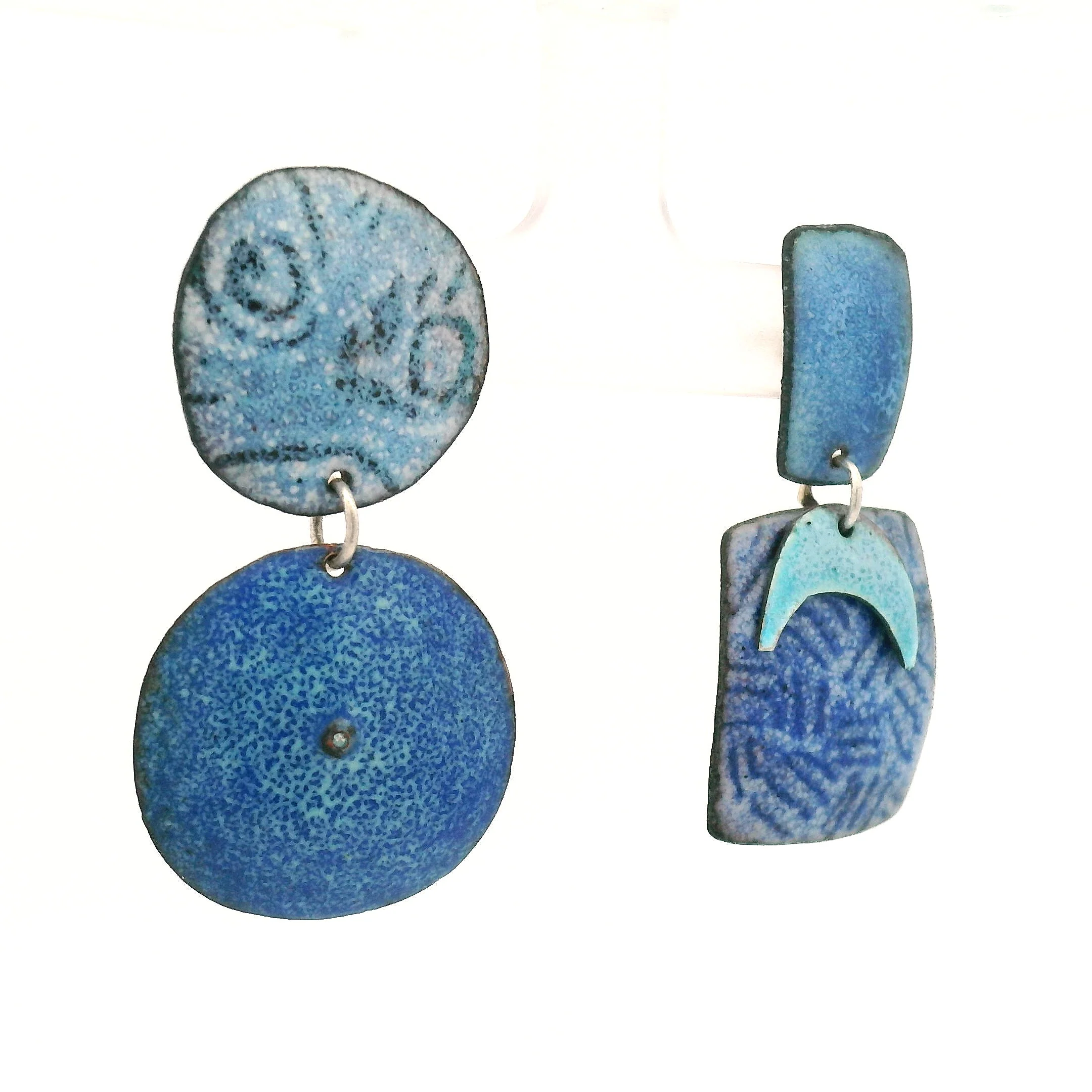 Asymmetrical Blue Moon Enamel Earrings - Image 3