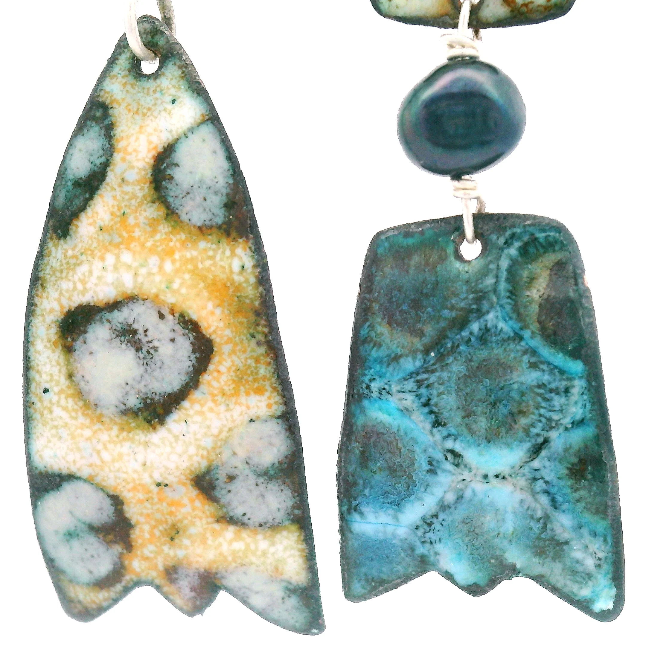 Asymmetrical Enamel Teal & Tan Earrings - Image 3