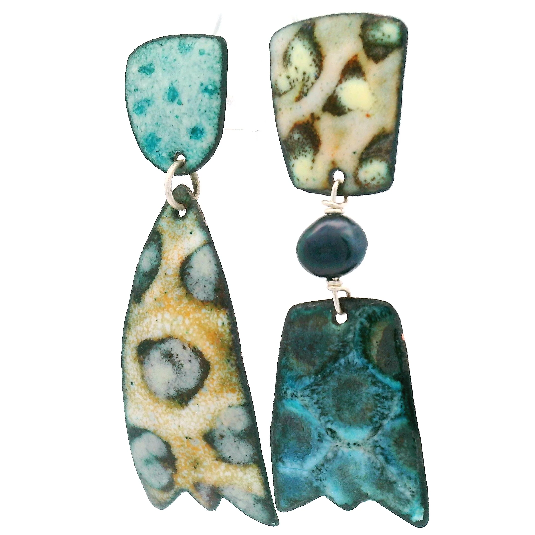 Asymmetrical Enamel Teal & Tan Earrings - Image 4