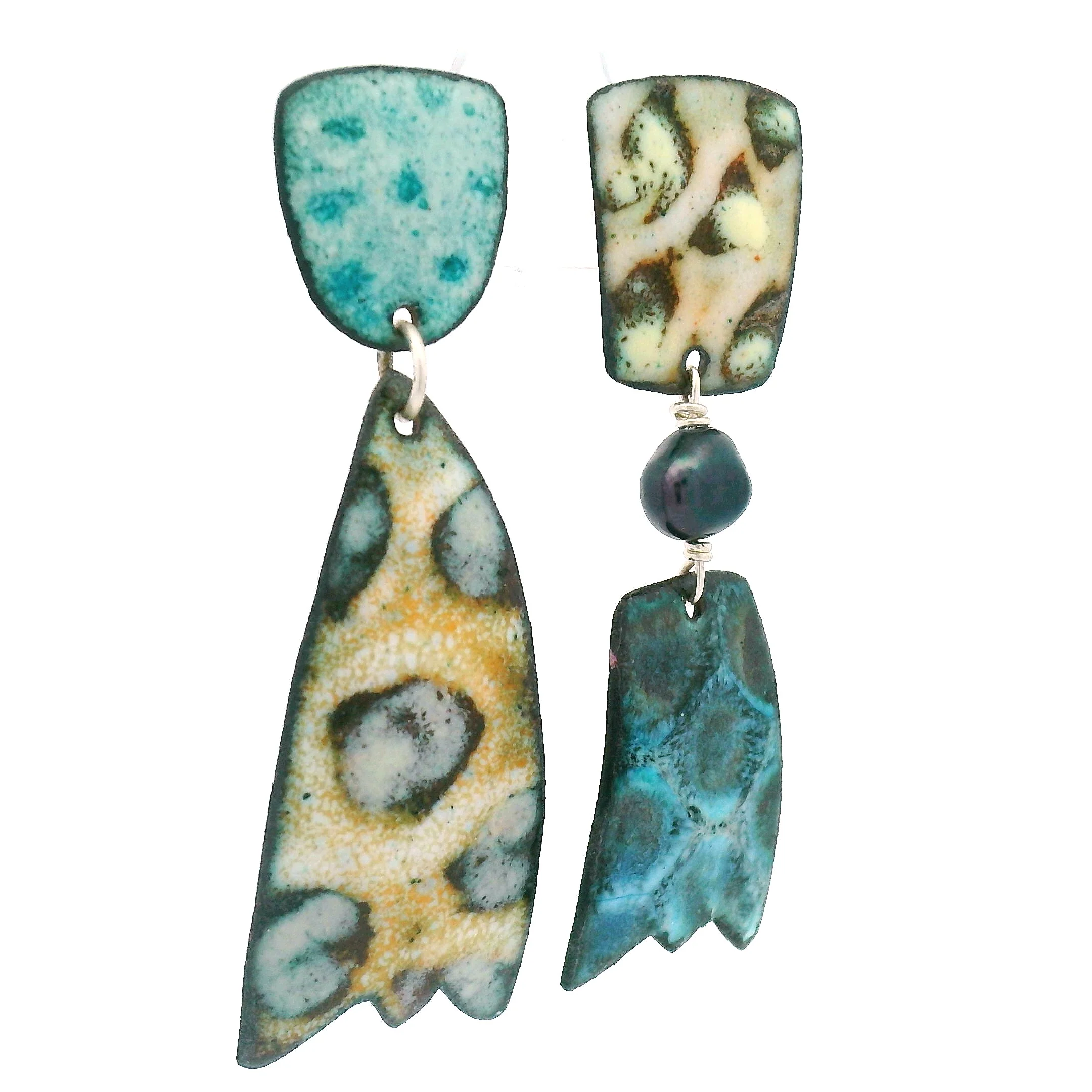Asymmetrical Enamel Teal & Tan Earrings - Image 5