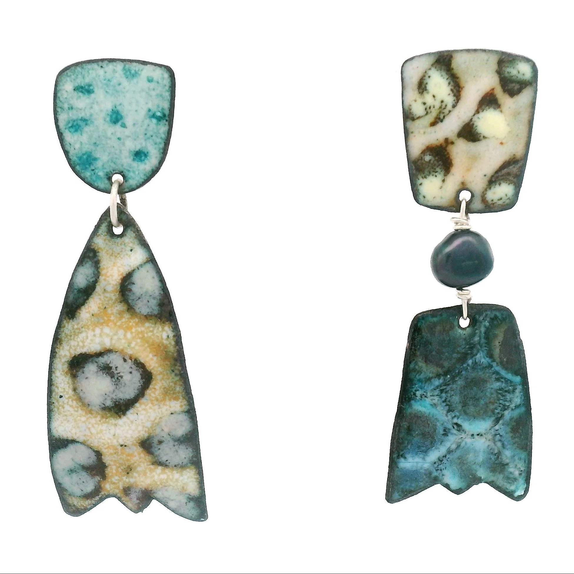 Asymmetrical Enamel Teal & Tan Earrings - Image 6