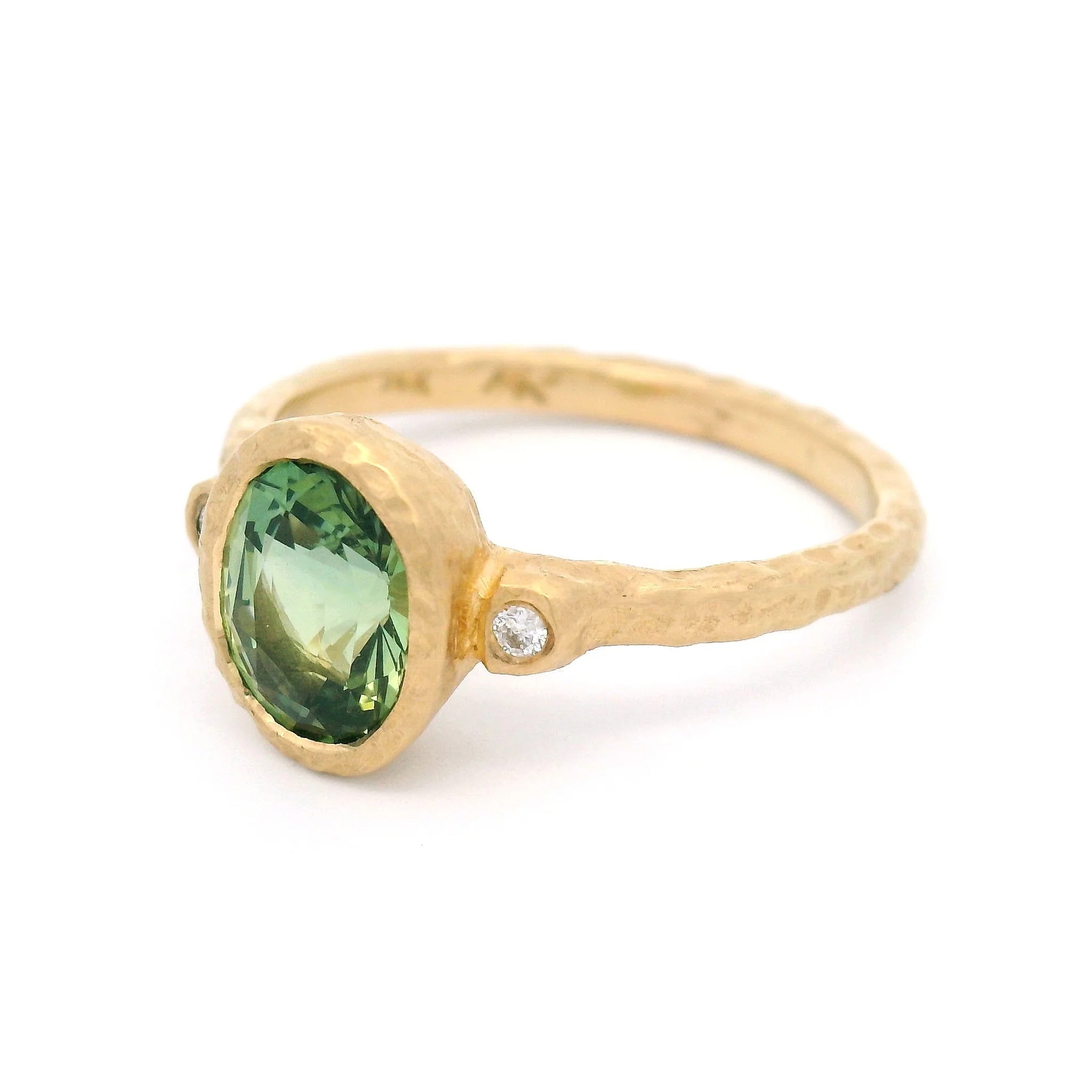 14k Yellow Organic Bezel-Set 3-Stone Ring with 1.56ct Green Sapphire and Accent Diamonds - Image 2