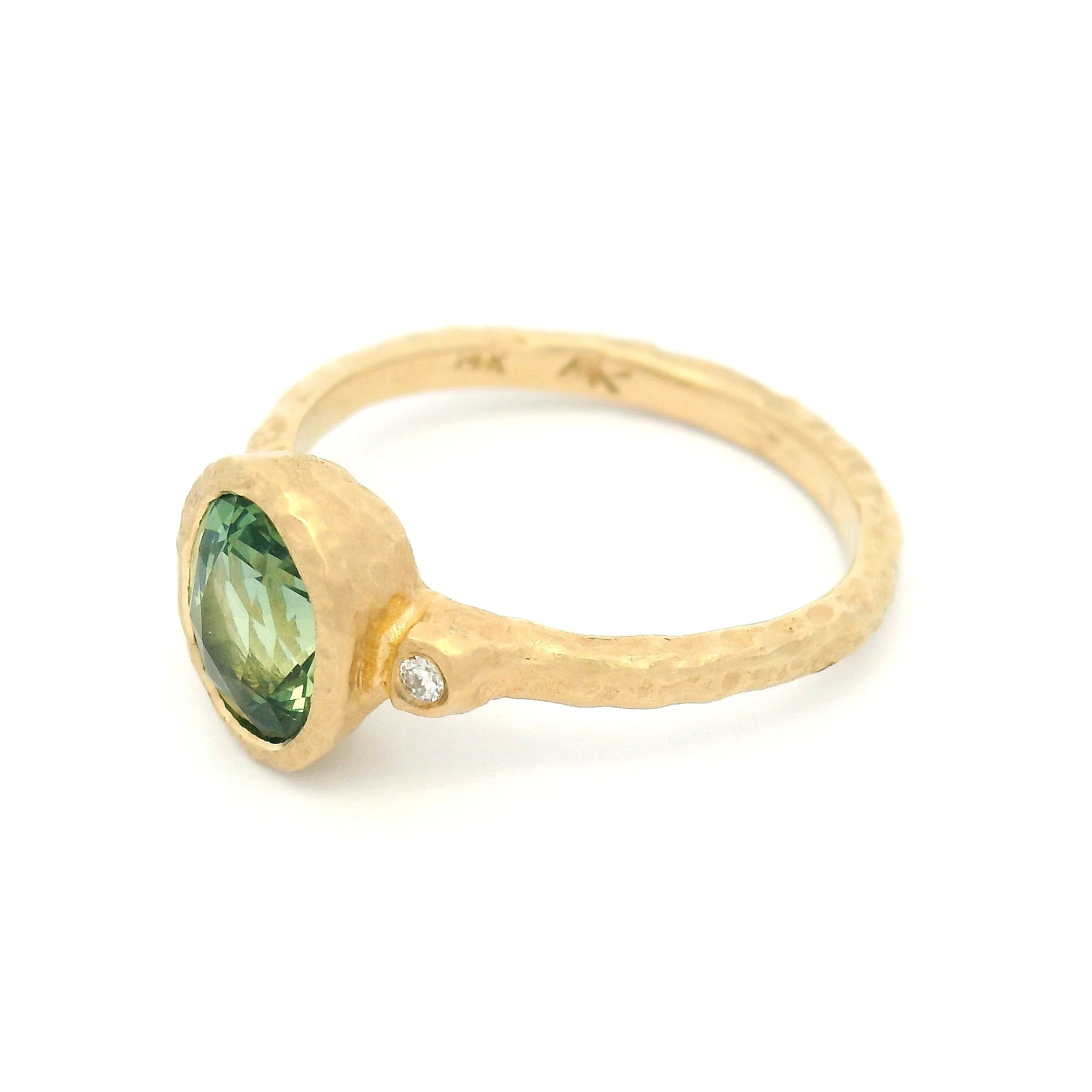 14k Yellow Organic Bezel-Set 3-Stone Ring with 1.56ct Green Sapphire and Accent Diamonds - Image 3