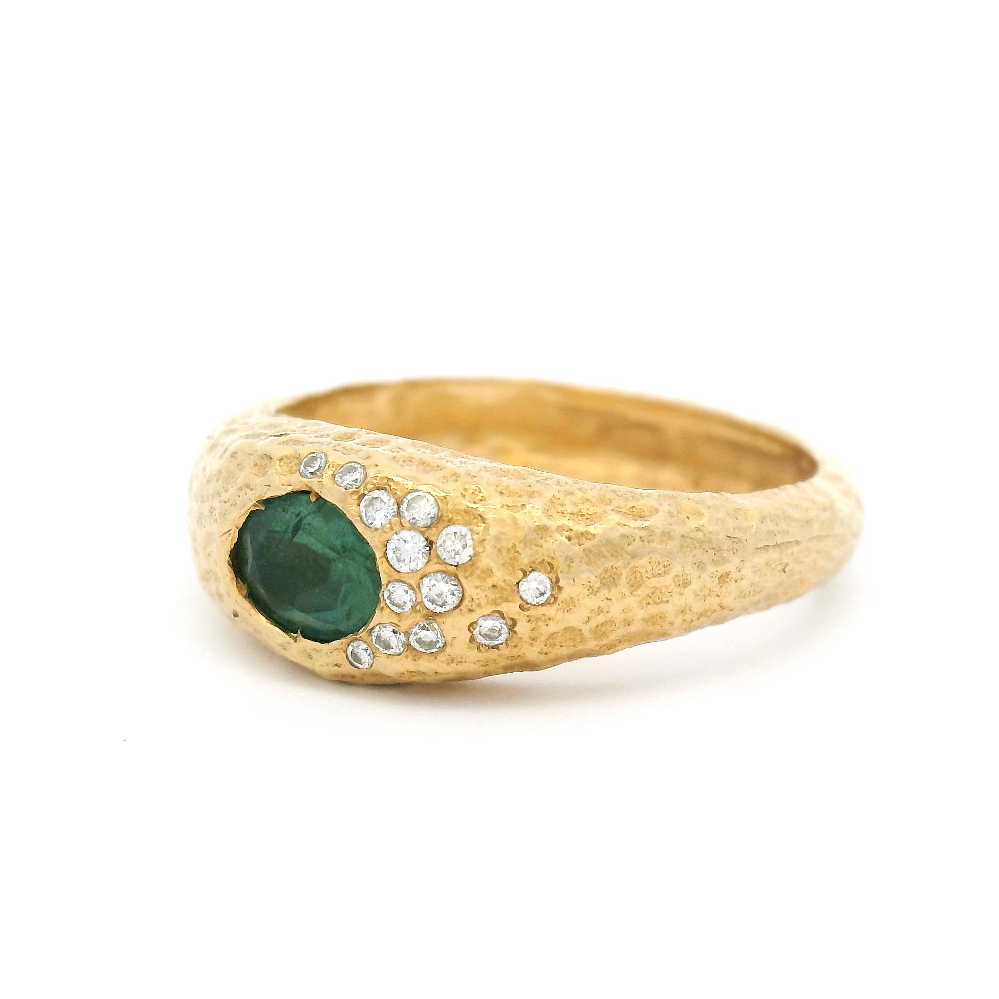 14k Yellow Textured Ring with Green Oval Tourmaline and Diamond Accents - Image 2