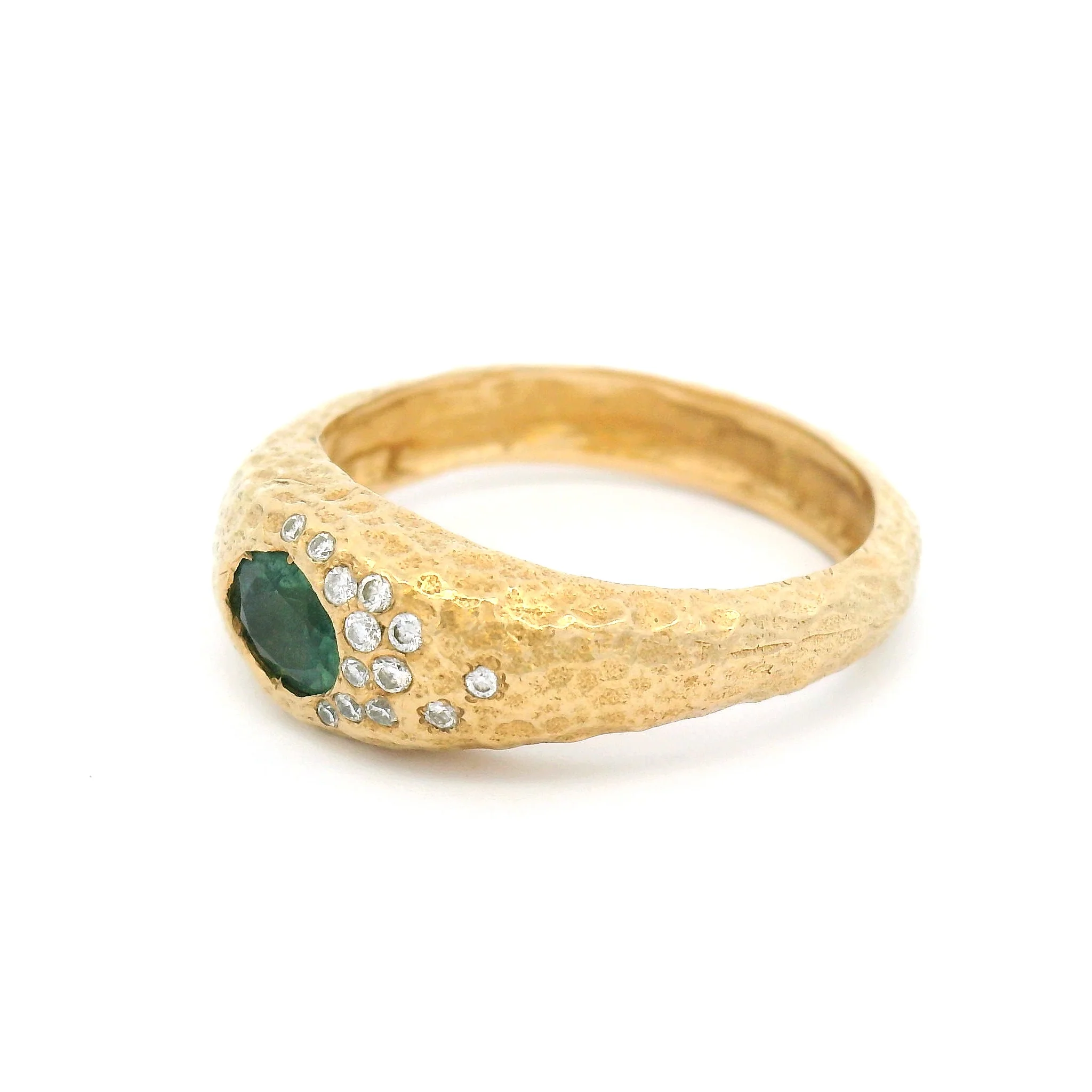 14k Yellow Textured Ring with Green Oval Tourmaline and Diamond Accents - Image 3