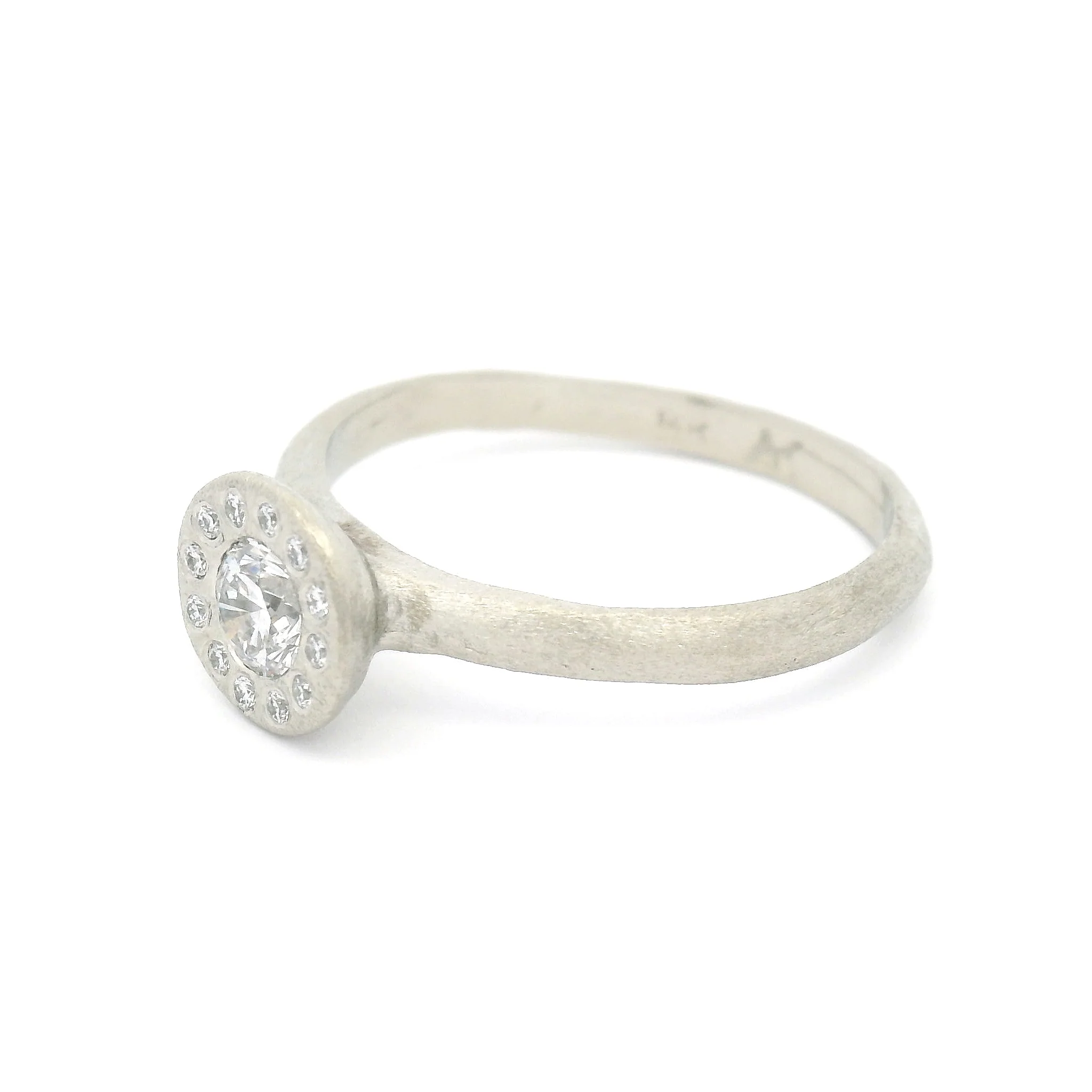 14k White Textured Engagement Ring with 0.26ct Diamond and Accent Diamond Halo - Image 3