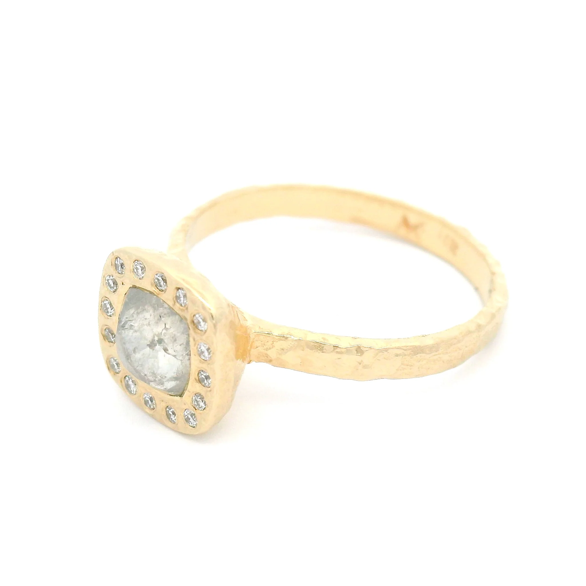 14k Yellow Engagement Ring with 0.75ct Rustic Rose-Cut Diamond and Accent Diamond Halo - Image 3