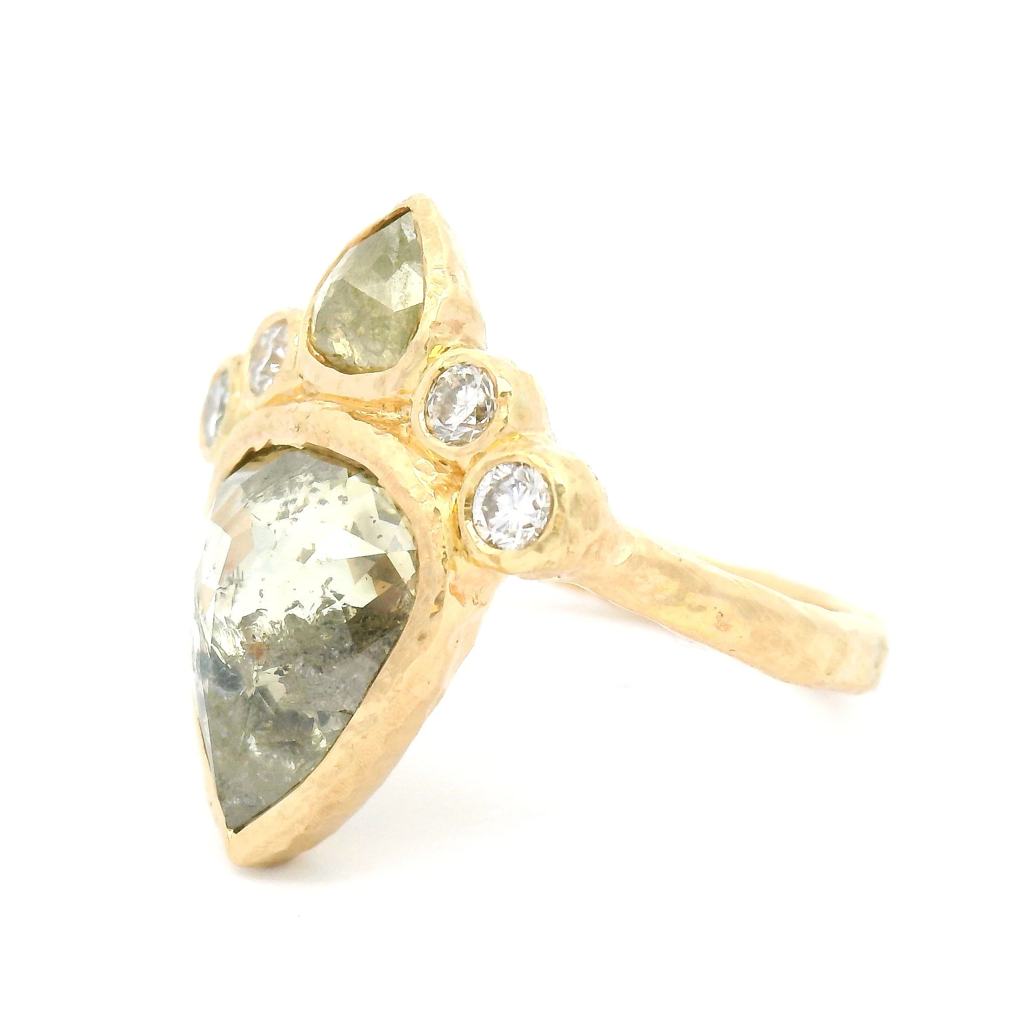 14k Yellow Textured Ring with 3.37ct Green Rose-Cut Diamond with Accent Diamonds - Image 2
