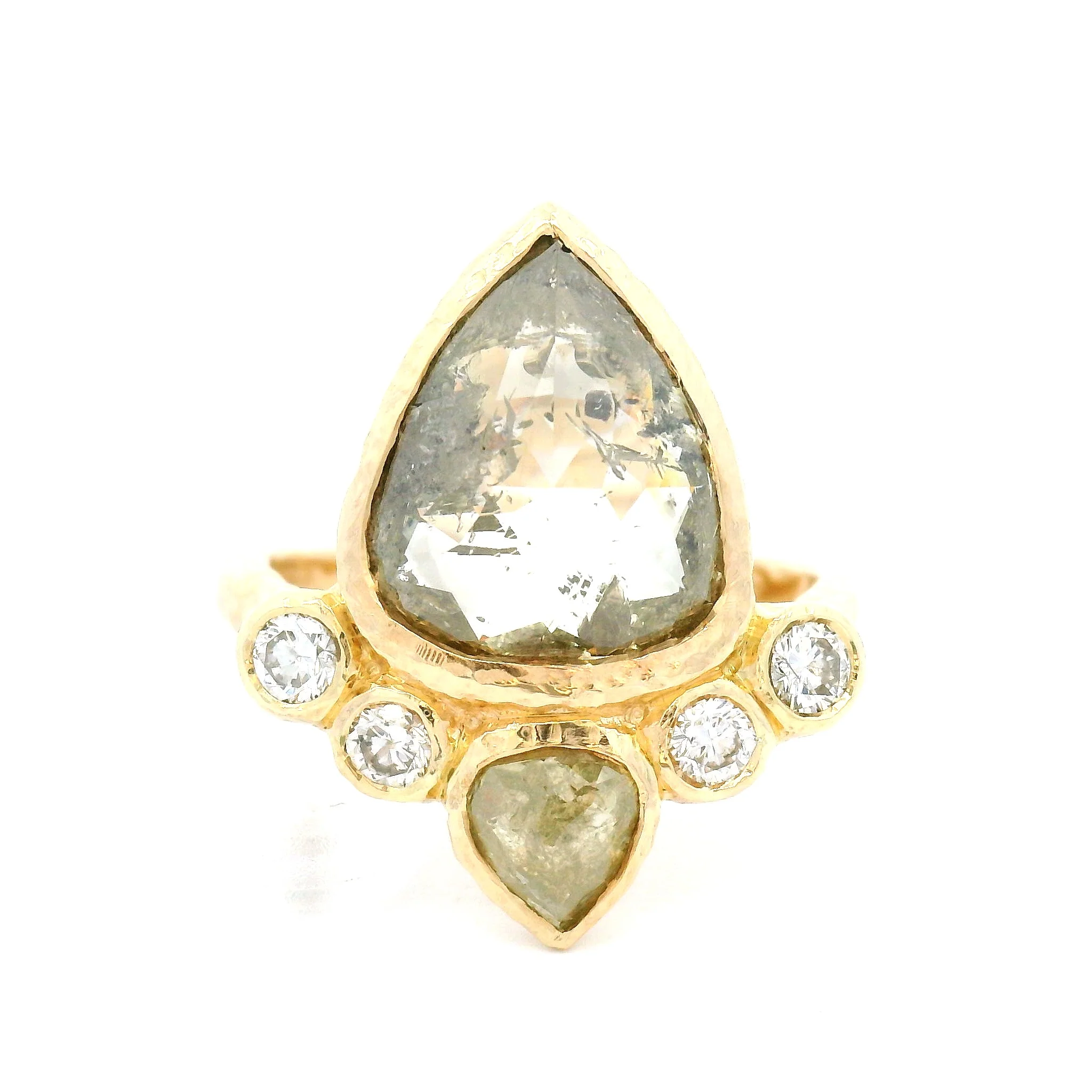 14k Yellow Textured Ring with 3.37ct Green Rose-Cut Diamond with Accent Diamonds - Image 3