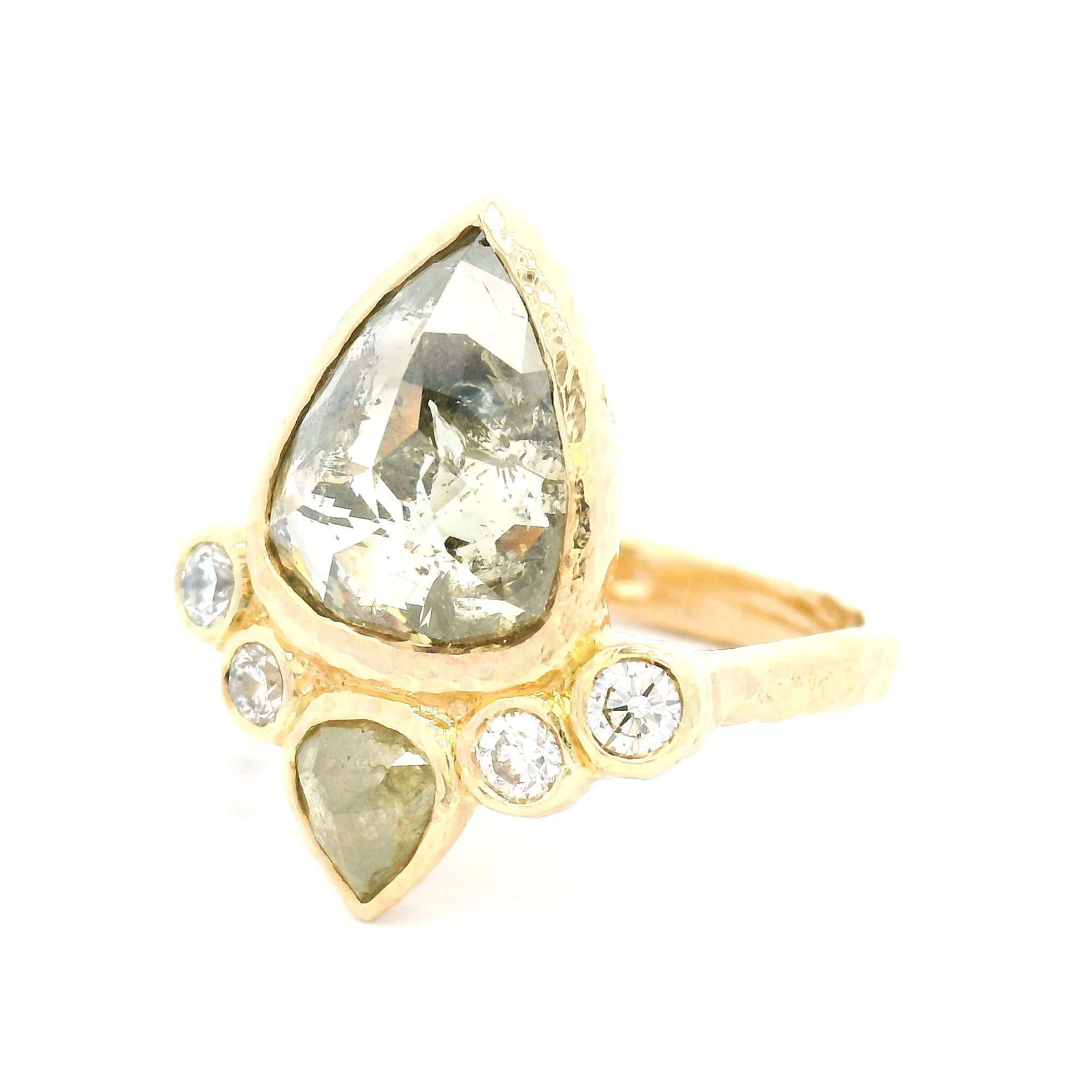 14k Yellow Textured Ring with 3.37ct Green Rose-Cut Diamond with Accent Diamonds - Image 4