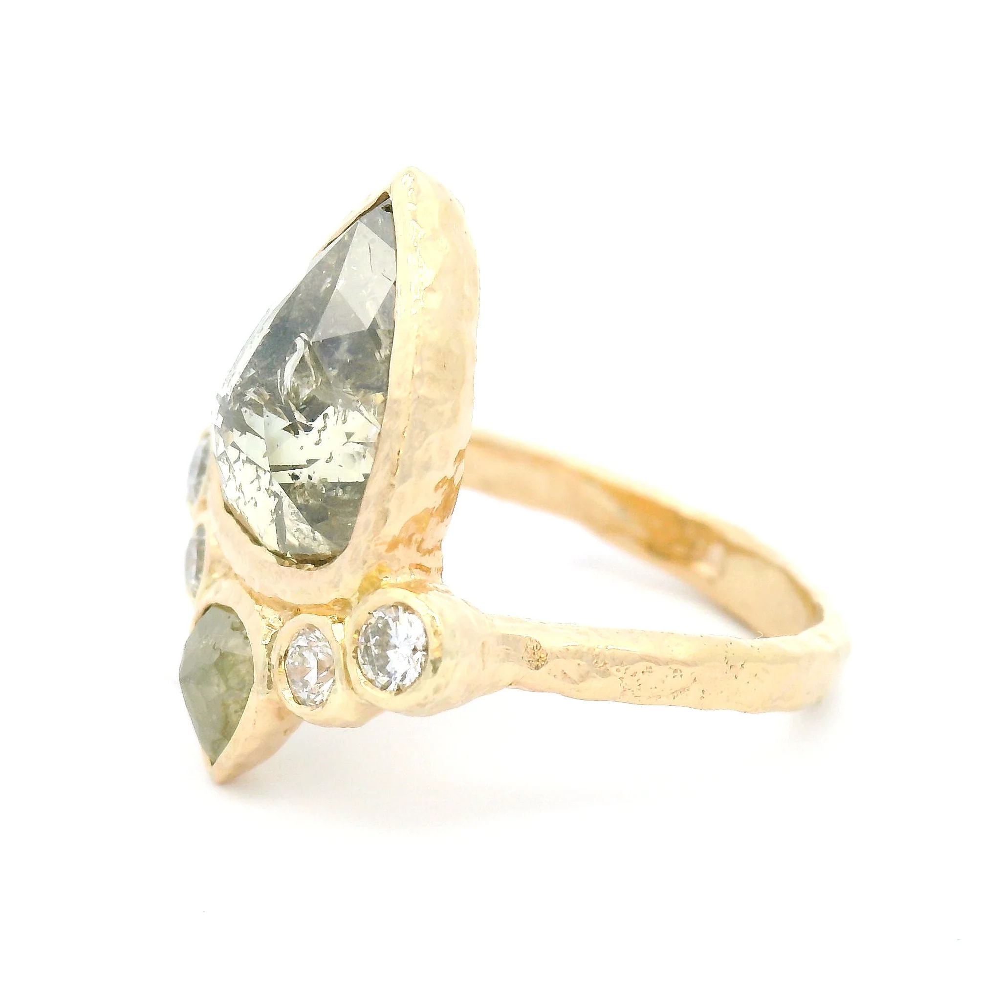 14k Yellow Textured Ring with 3.37ct Green Rose-Cut Diamond with Accent Diamonds - Image 5