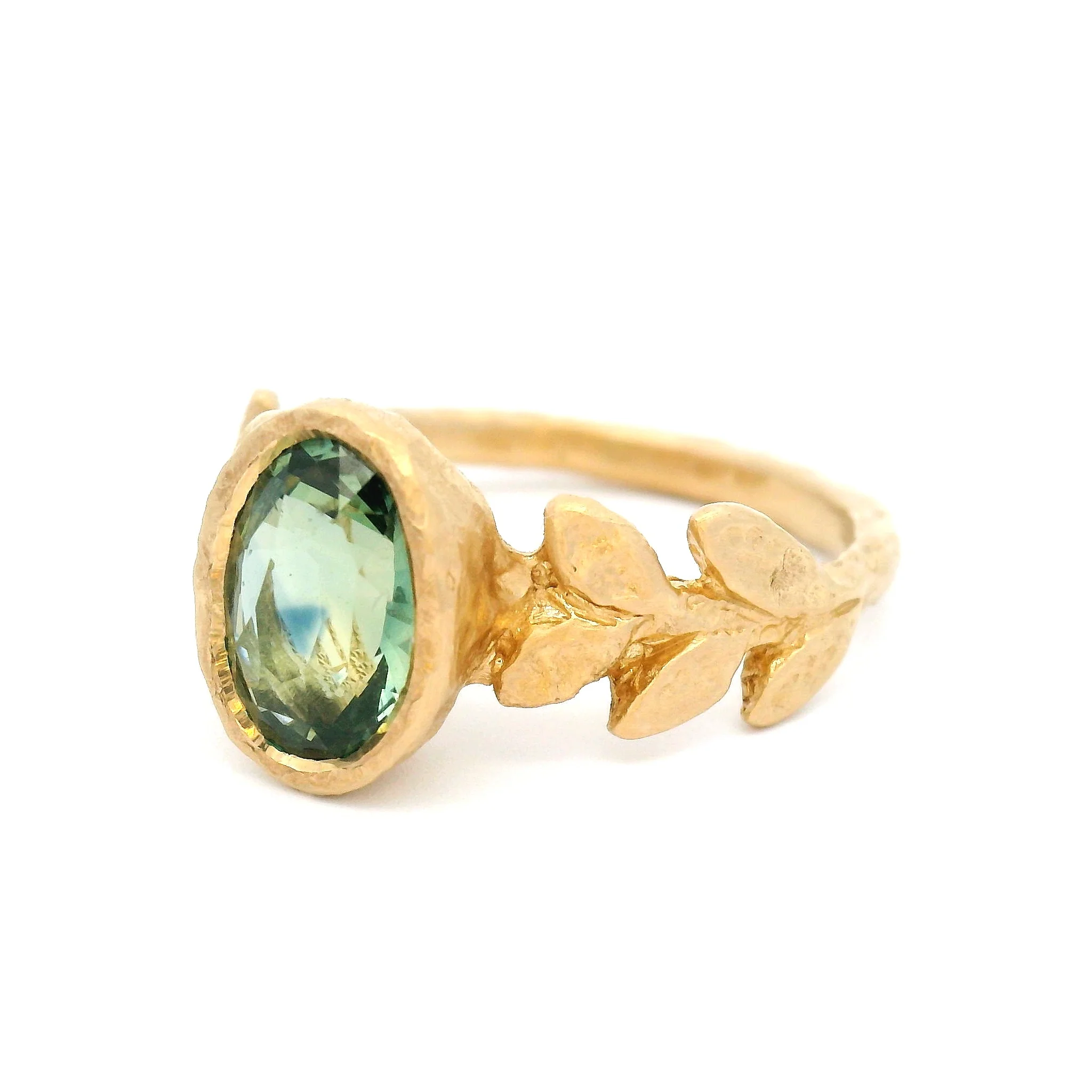 14k Yellow Organic Leaf Carved Bezel-Set Solitaire with 2.01ct Green-Blue Sapphire - Image 2