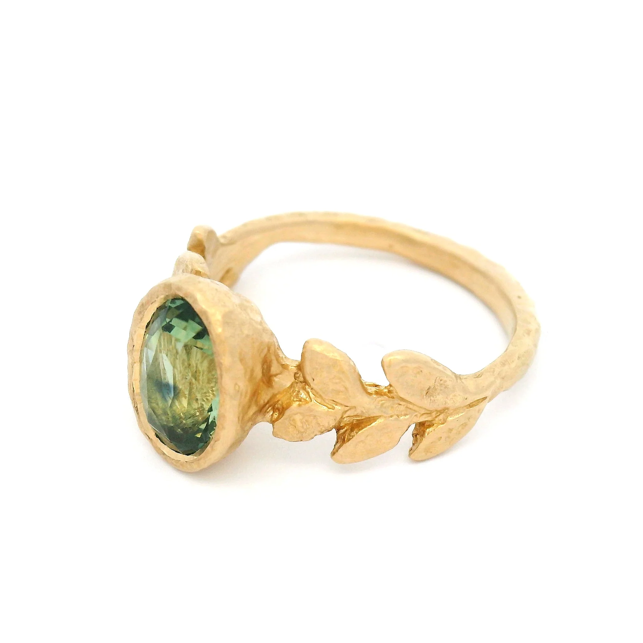 14k Yellow Organic Leaf Carved Bezel-Set Solitaire with 2.01ct Green-Blue Sapphire - Image 3