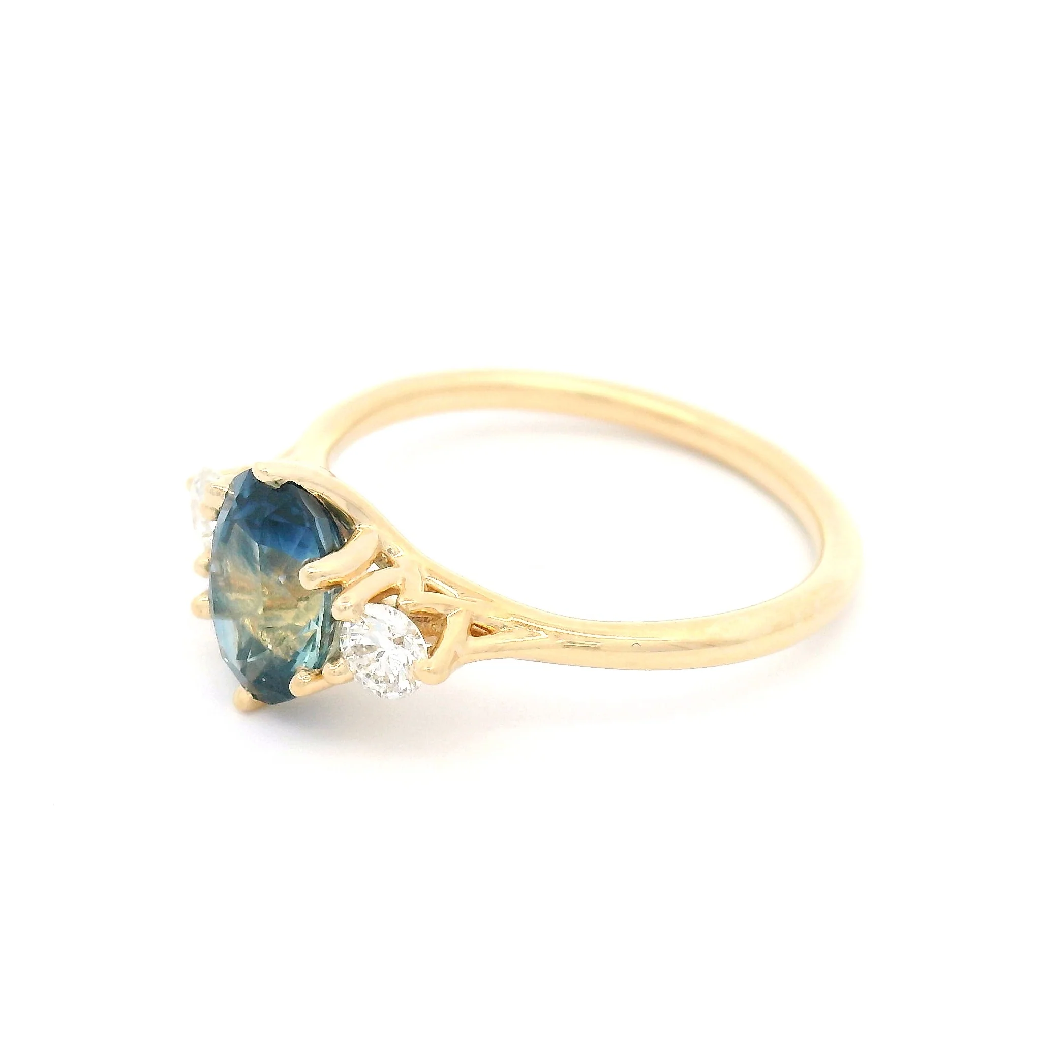 14k Yellow Three-Stone Ring with 1.65ct Natural Parti Blue Sapphire Natural Accent Diamonds - Image 2