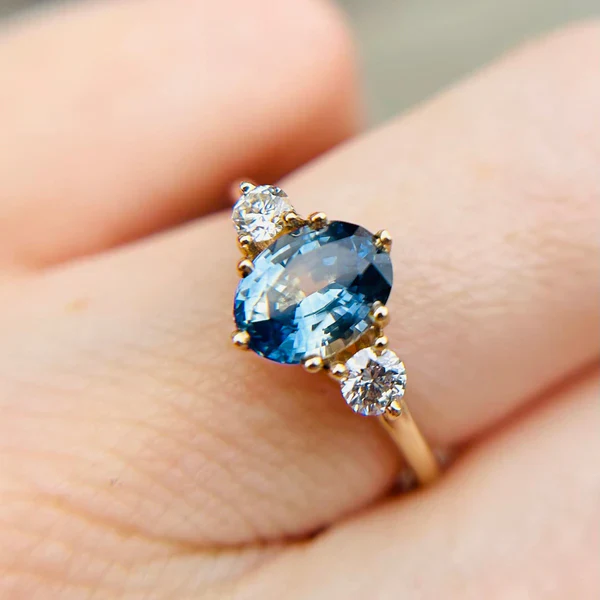 14k Yellow Three-Stone Ring with 1.65ct Natural Parti Blue Sapphire Natural Accent Diamonds - Image 3