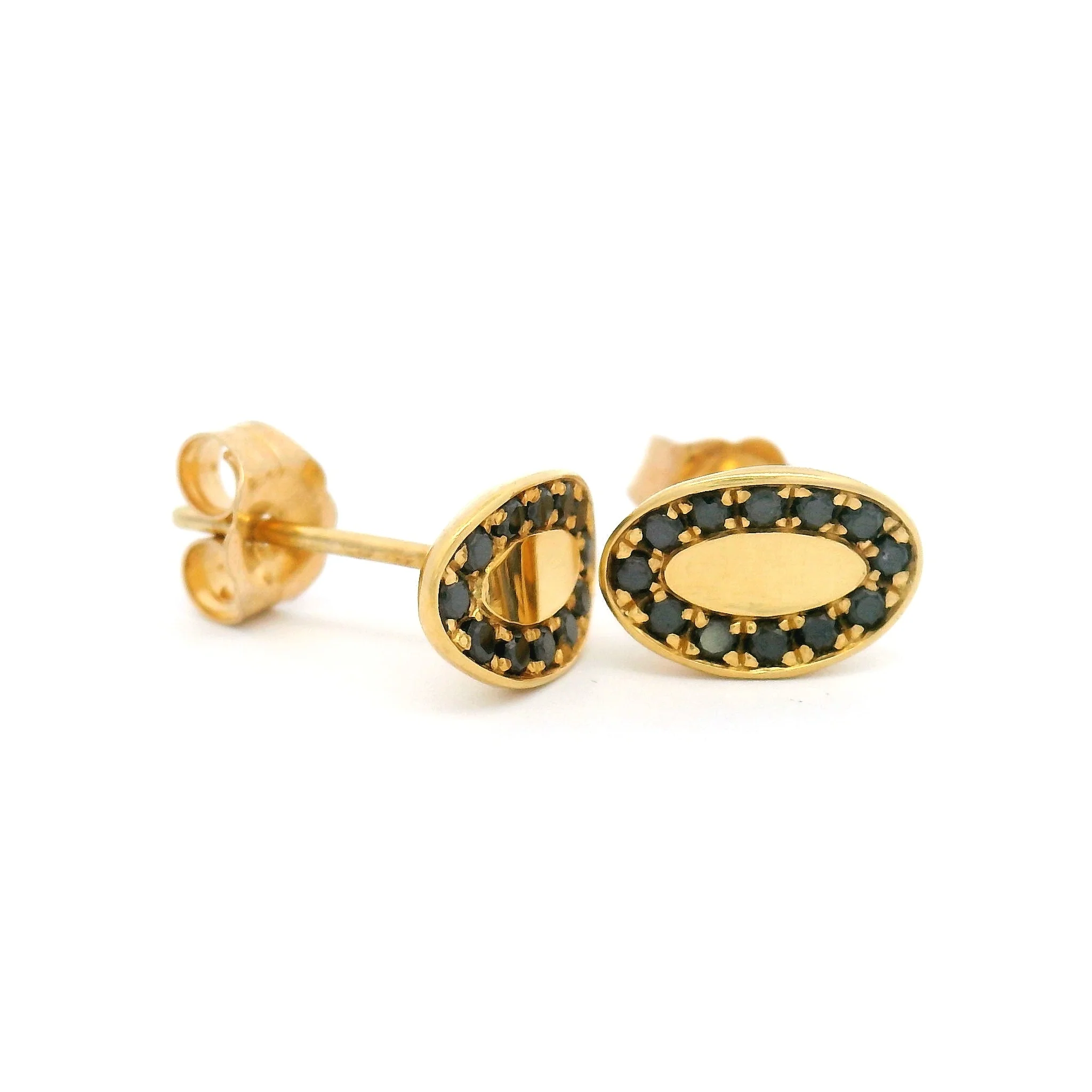 18k Yellow Gold Stud Earrings with Bead-Set Black Diamonds - Image 2