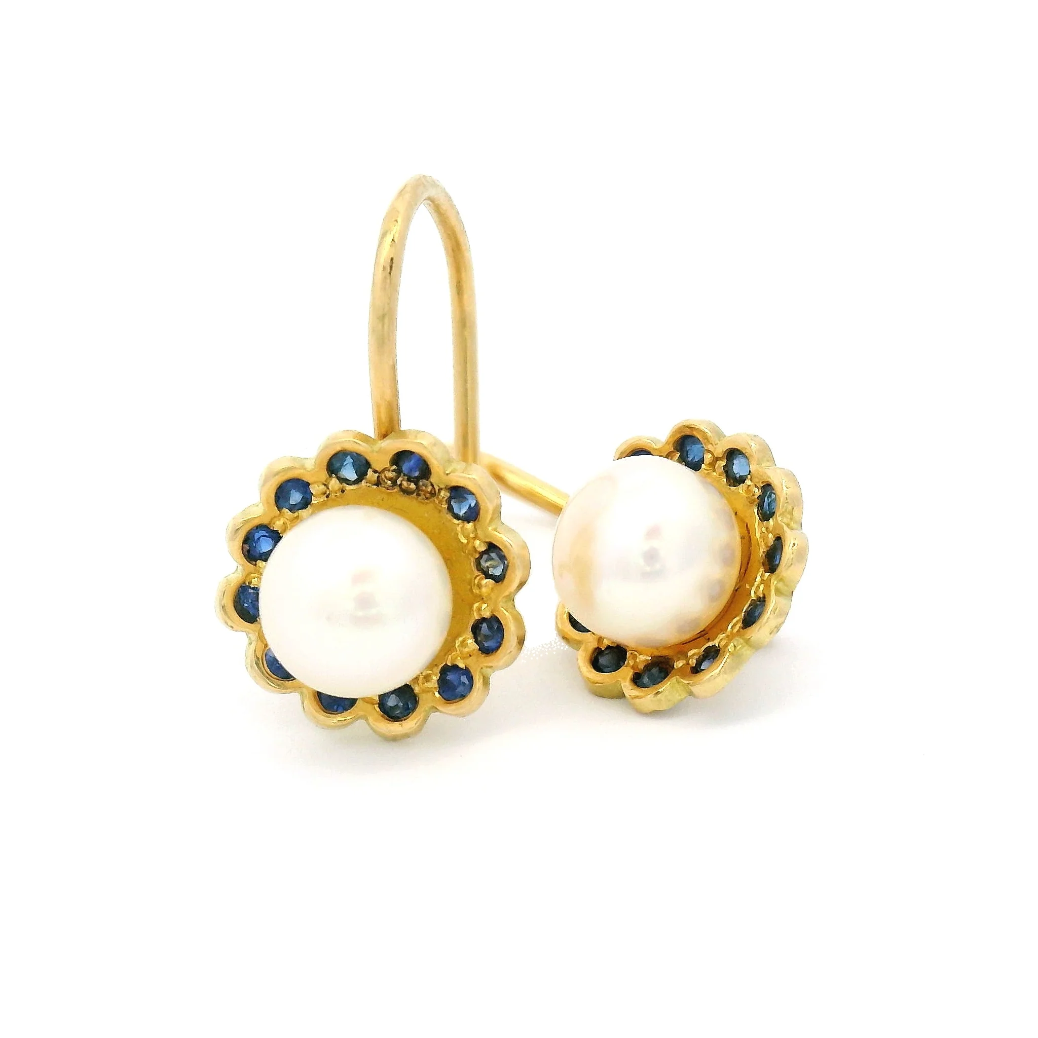 18k Yellow Drop Earring with Pearls and Blue Sapphires - Image 2