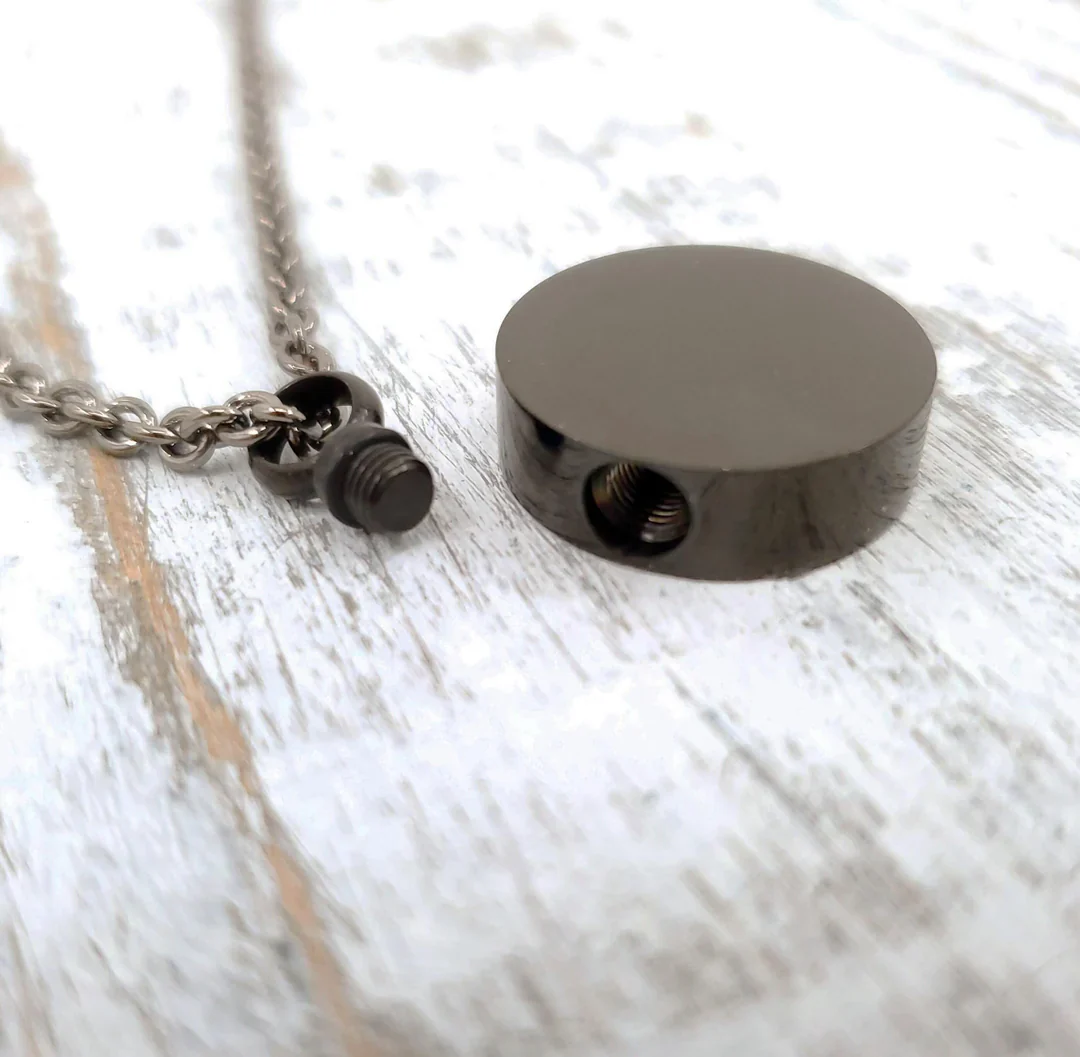 Black Stainless Steel Circle Cremation Urn Necklace - Image 3