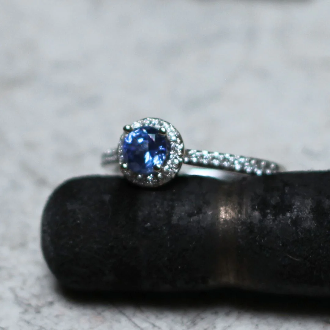 14k White Blue Sapphire & Diamond Halo Engagement Ring - Image 3