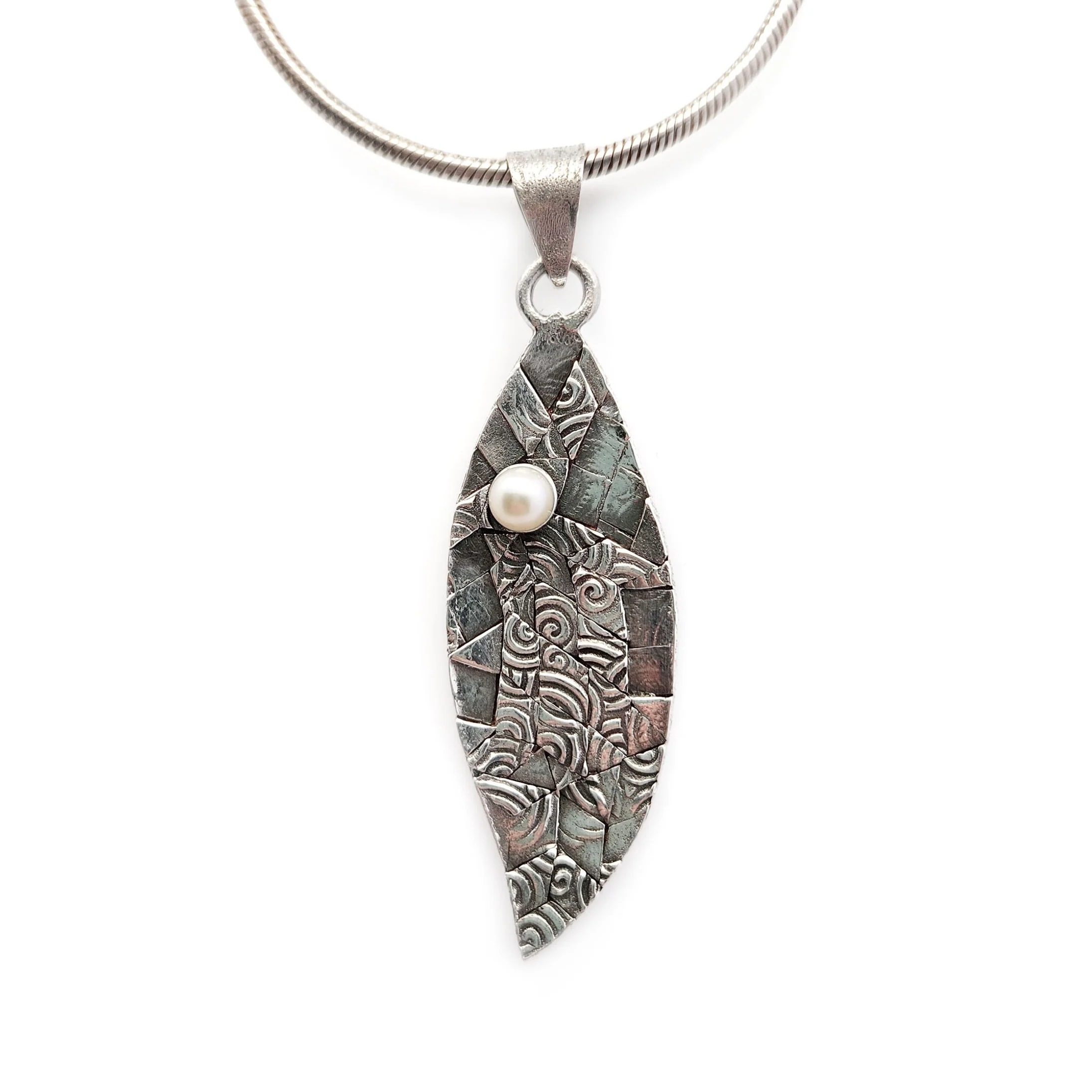 Bojagi Silver Leaf & Pearl Pendant - Image 2