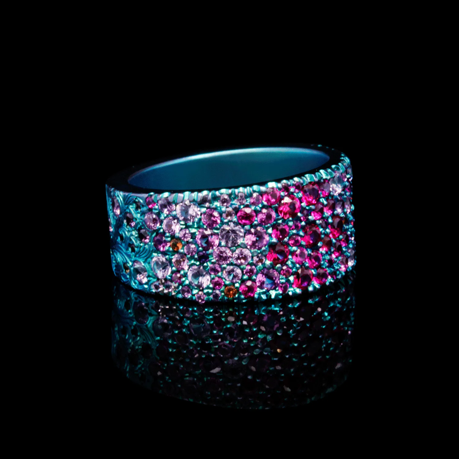 Borealis Bling - Pink Sapphire & Titanium Fine Engraved Band - Image 2