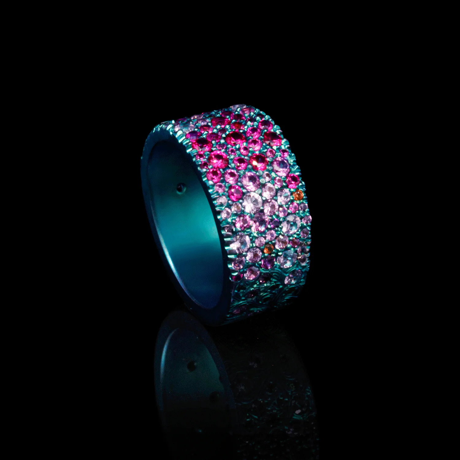 Borealis Bling - Pink Sapphire & Titanium Fine Engraved Band - Image 3