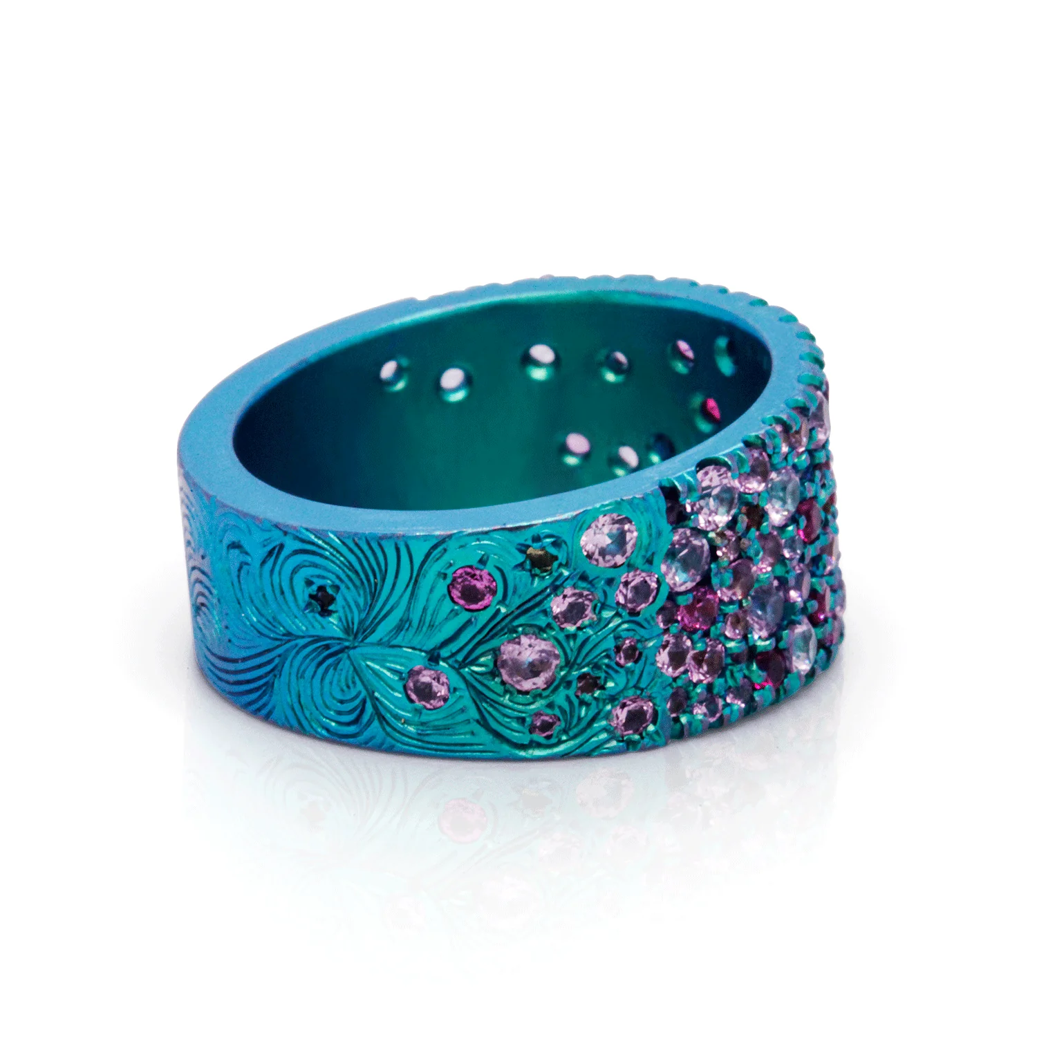 Borealis Bling - Pink Sapphire & Titanium Fine Engraved Band - Image 5