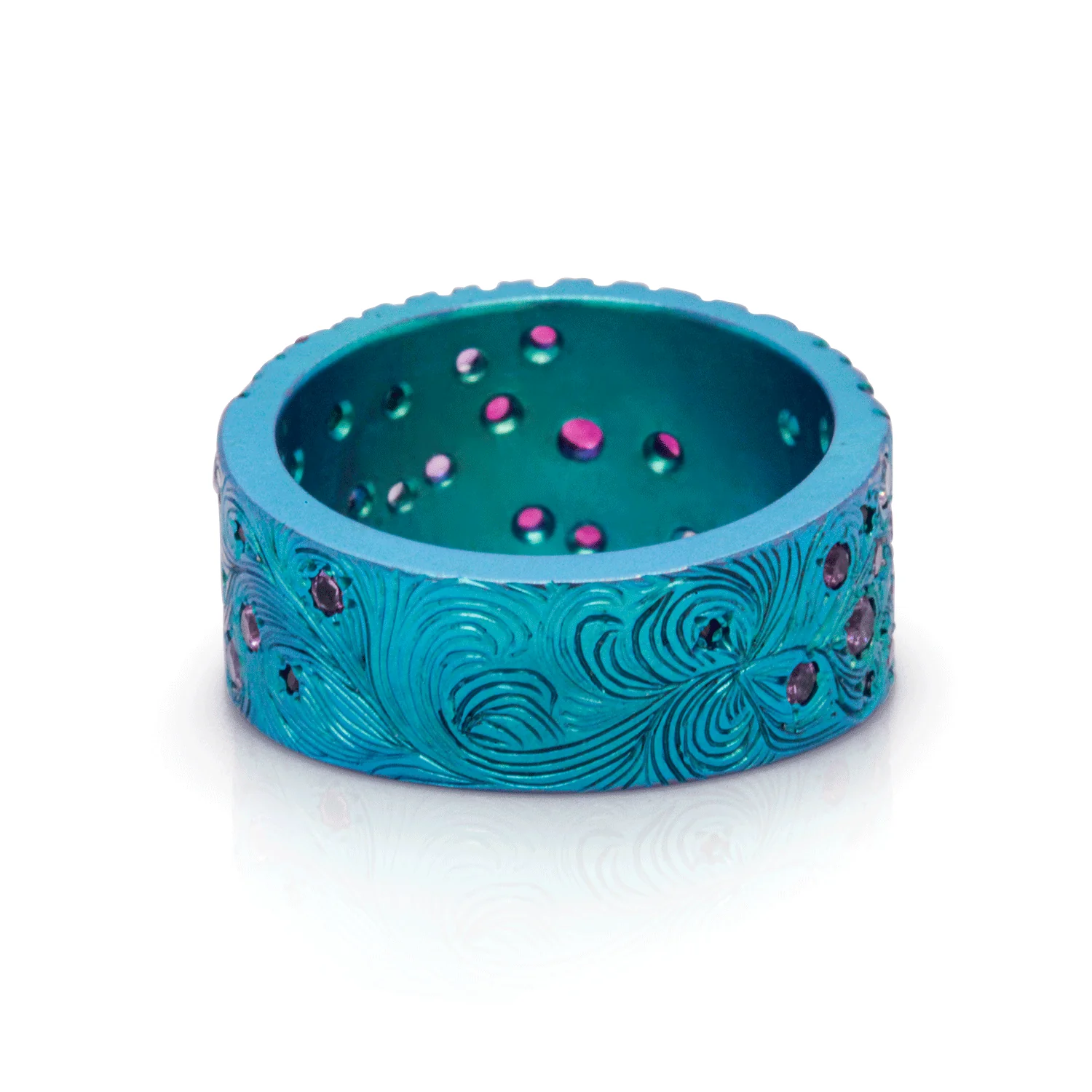 Borealis Bling - Pink Sapphire & Titanium Fine Engraved Band - Image 6
