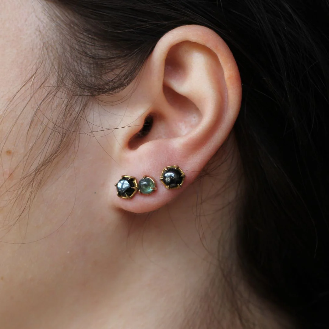 Brass Hematite Hex Earrings - Image 2