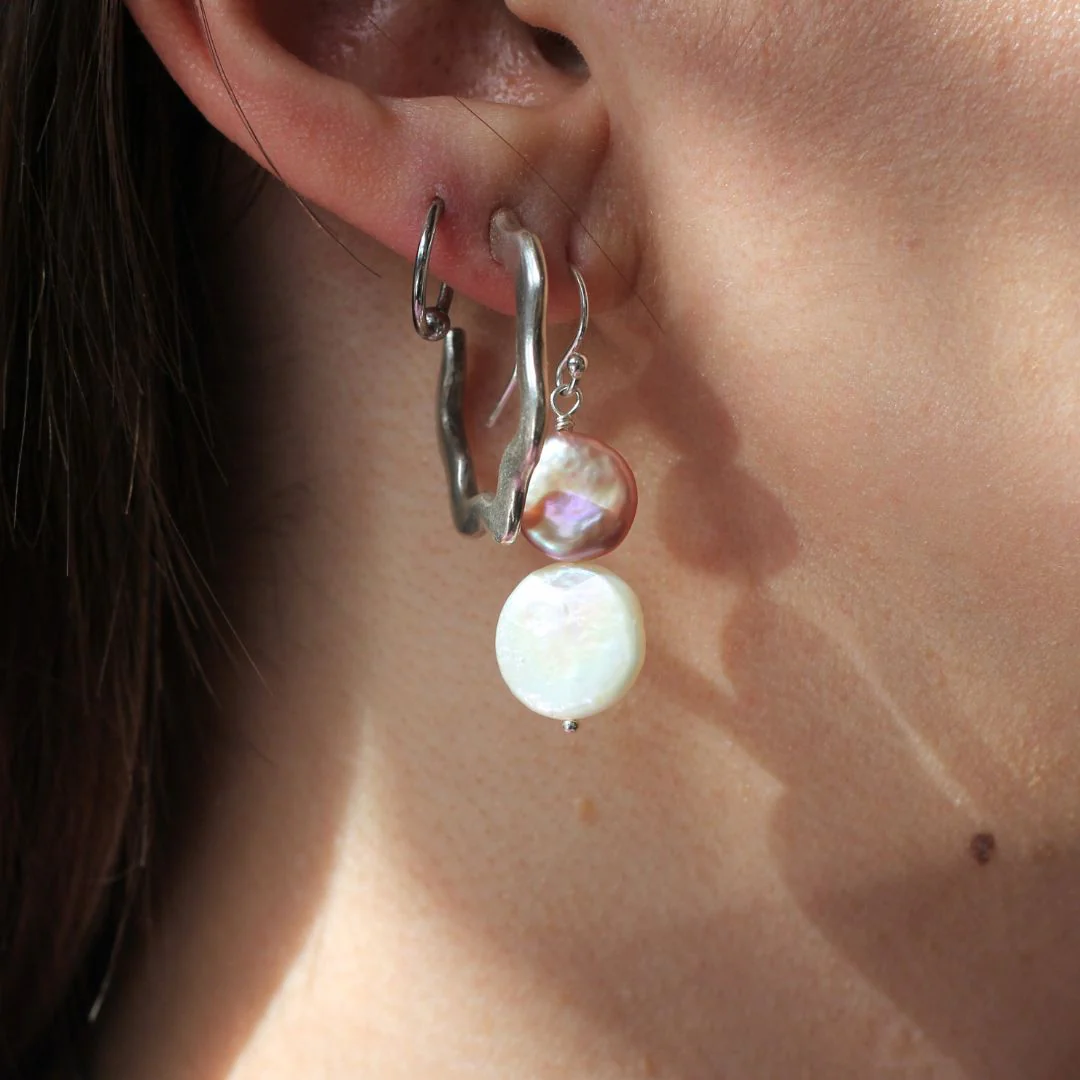 Double Coin Drop Pearl Earrings - Image 2